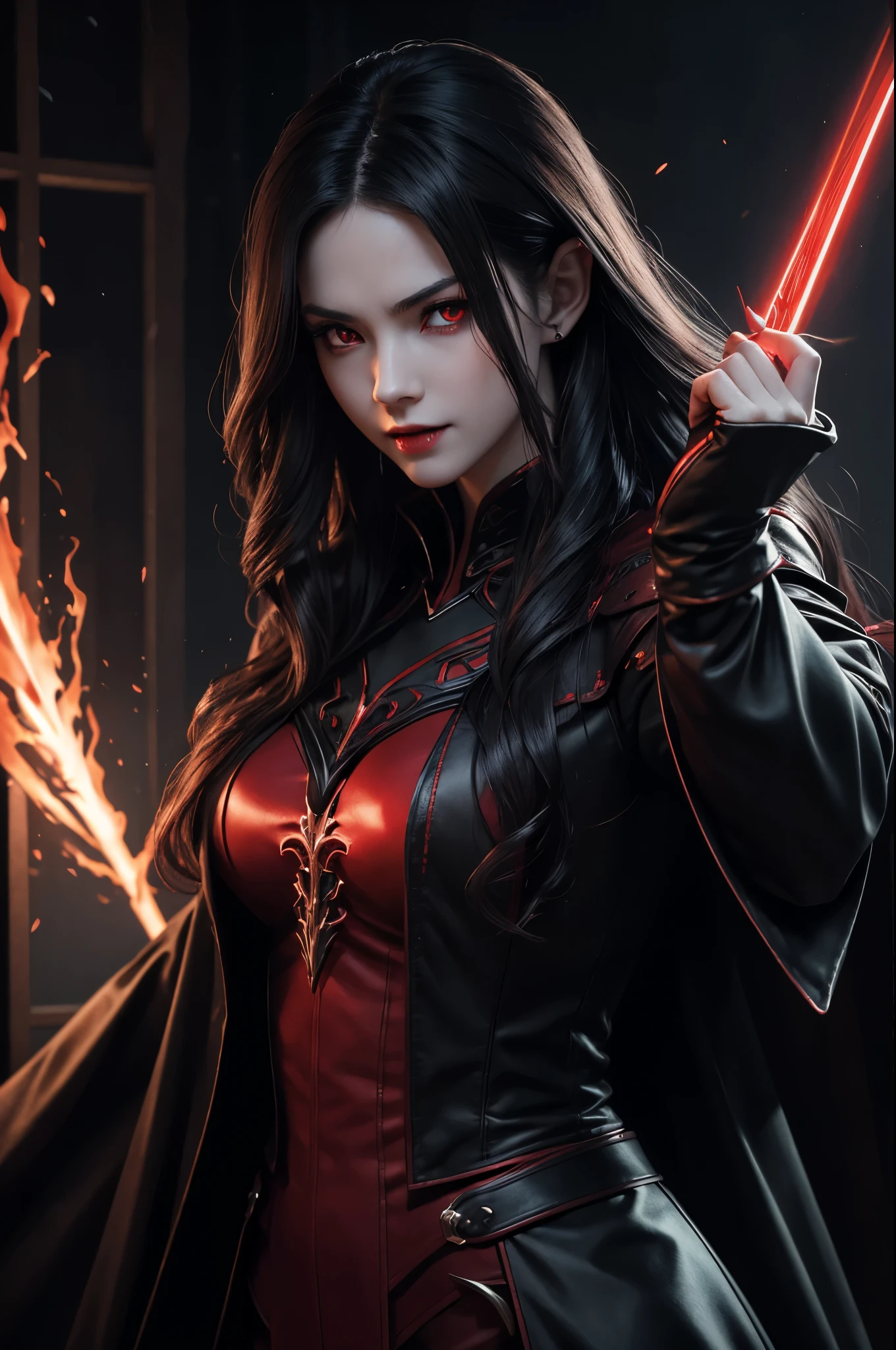 8K,vampire woman in the underworld,vampire demon slayer woman,Super beautiful(like the real thing),sharp red eyes(red glowing effect),pale skin(超realistic skin),vampire big fangs,pointed ears,sexyな衣装,black cloak,lean muscular body,long white wavy hair,masterpiece,Photorealistic RAW photos of the highest quality。bright colors,rich colors, Backlight, cinematic lighting, film grain, to be born, 50MM lens, Nikon D850,realistic skin,fantasy art,character art,ultra high resolution,realistic scale skin,Perfect hand shape,view audience,dynamic action pose,fighting pose,sexy,