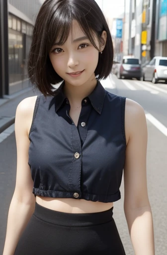 highest quality, figure, Super detailed, finely, High resolution, 8k wallpaper, 完璧なダイナミックな構figure, detailed and beautiful eyes,(whole body)、Japanese、Raw photo、25 years old、neat and cute face、neat and beautiful face、(knees、thighs)、 1 girl, (slender beautiful woman: 1.3),(japanese girl:1.5)、(bob hair:1.3)、(black hair)、 Women's fashion,small breasts,natural color lip, bold sexy pose,smile,25 years oldの女の子、cute、sexy shot looking at camera、blue blouse、mini skirt、outdoor background、urban landscape