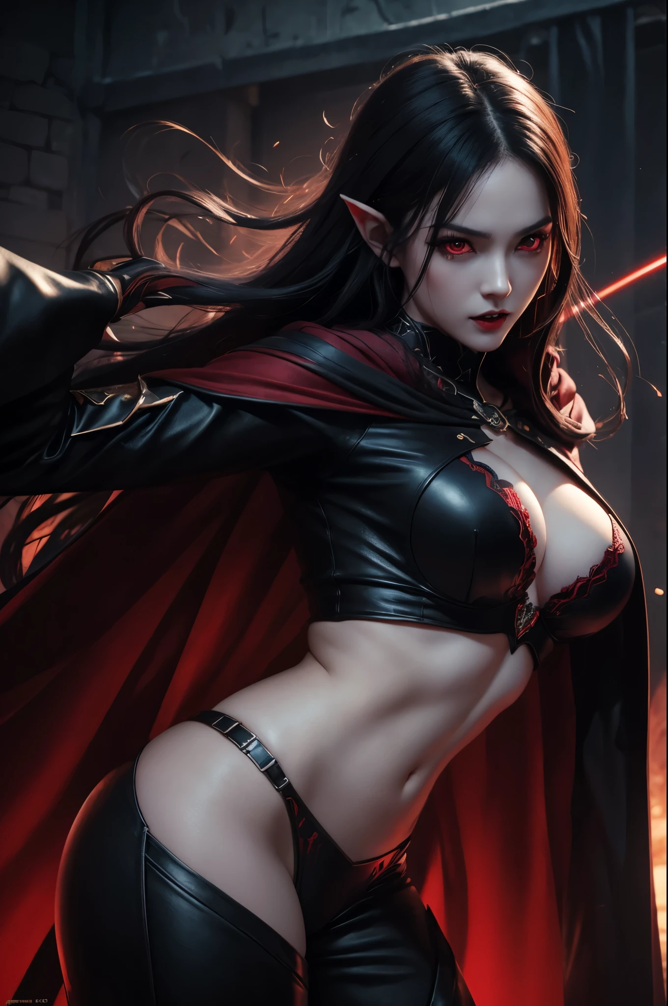 8K,vampire woman in the underworld,vampire demon slayer woman,Super beautiful(like the real thing),sharp red eyes(red glowing effect),pale skin(超realistic skin),vampire big fangs,pointed ears,sexyな衣装,black cloak,lean muscular body,long white wavy hair,masterpiece,Photorealistic RAW photos of the highest quality。bright colors,rich colors, Backlight, cinematic lighting, film grain, to be born, 50MM lens, Nikon D850,realistic skin,fantasy art,character art,ultra high resolution,realistic scale skin,Perfect hand shape,view audience,dynamic action pose,fighting pose,sexy,