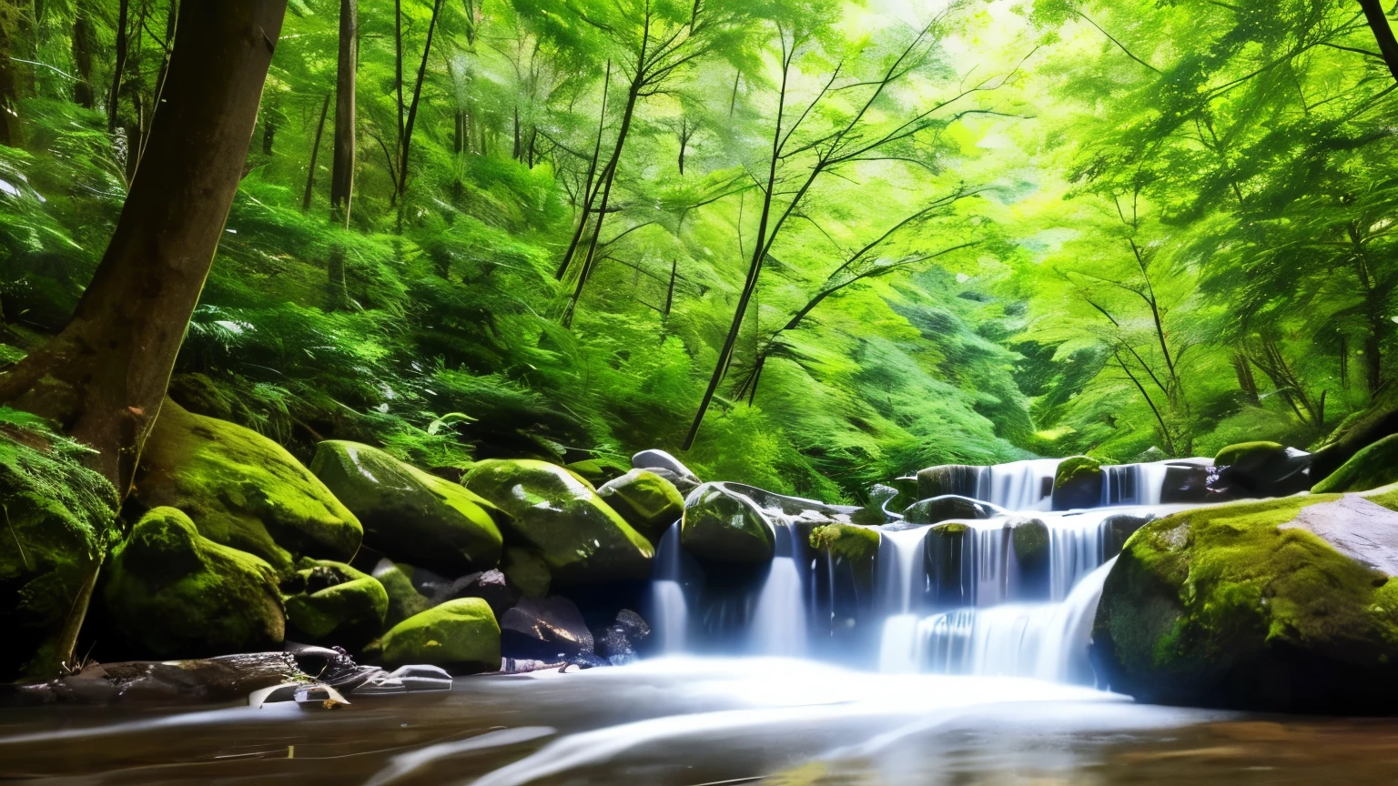 I took photos of a peaceful moment spent in nature.。wood々Imagine a peaceful landscape with soft morning light shining through the space.。A calm stream meandering、Surrounded by lush greenery。In the foreground、people sitting quietly on the bank、Are you meditating?、Perhaps they are simply soaking in the calmness of their surroundings.。The overall atmosphere is calm and connected to the natural world.、Highlights the beauty and peace of outdoor moments。