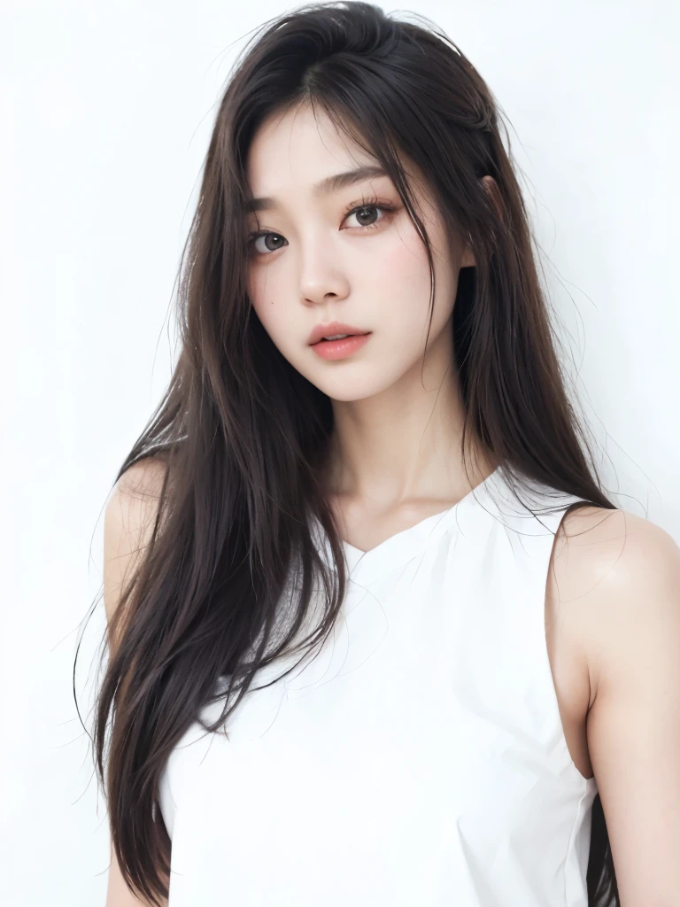 um close de uma mulher com cabelos longos e uma blusa branca, jaeyeon nam, beautiful south mulher coreana, beautiful young mulher coreana, gorgeous young mulher coreana, female korean idol portrait, Lee Ji-eun, Lee Ji-eun,  coreana, Heonhwa Choe, Jinyoung Shin, jennie blackpink, gongbi, estacionar a partir de-min, mulher coreana