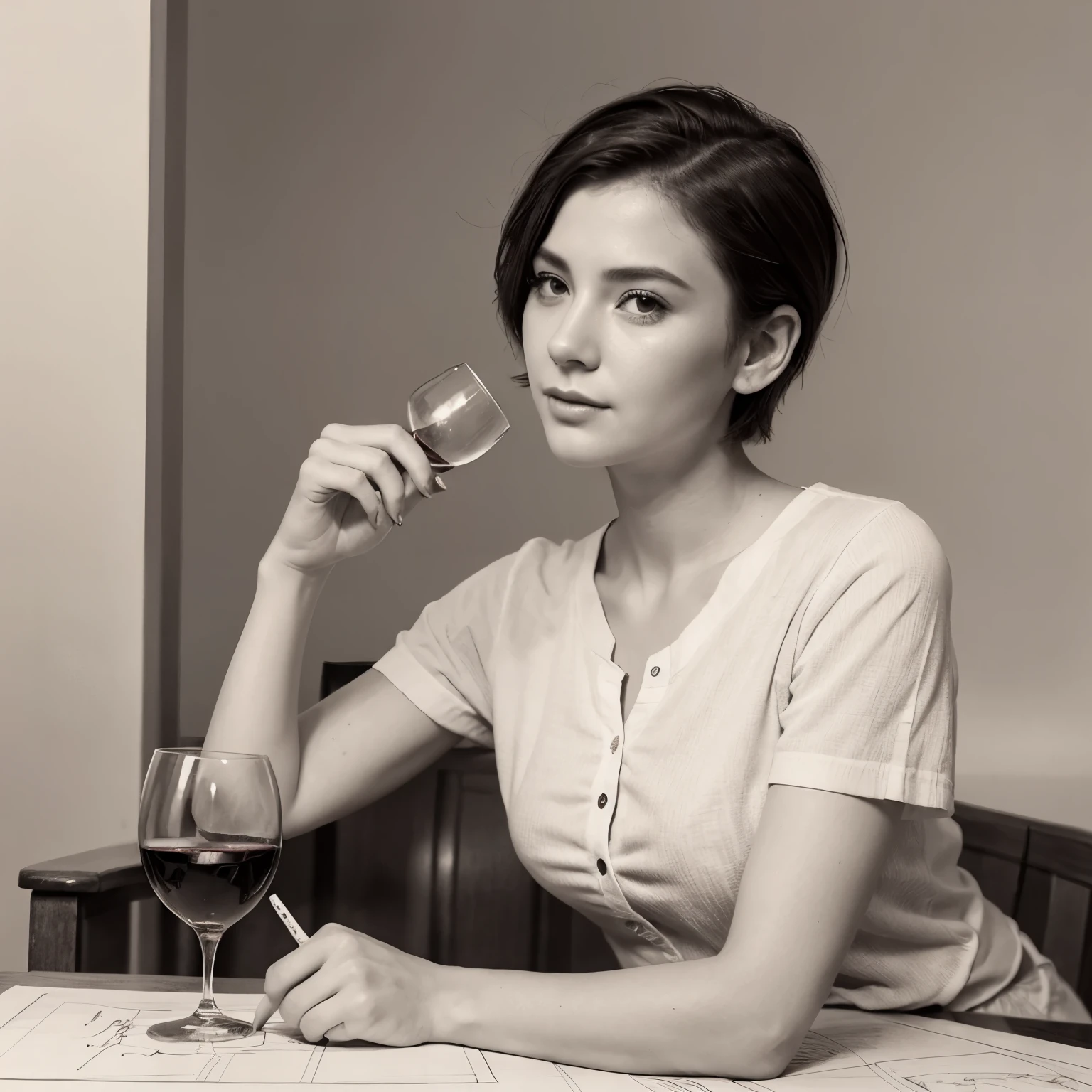 hand drawn drawing, hand gestures, hand drawn, only by hand, hand drawing, handdrawing, hand sketch, hand sketching, hand draw, hand sketched, young pretty short hair woman drinking wine, pencil sketch, pencil sketching, pencil effect, pencil style