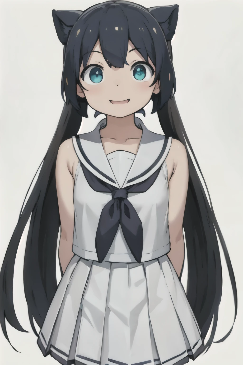 white background、Solid white background、blank background、show both arms、arms behind back、 hide your hands、Upper body photographed from the front,(high quality, Breathtaking),(delicate eyes, perfect face)solo,Era: late 20s, Heterochromia - left eye is yellow、The right eye is light blue.、open your mouth without showing your teeth、Smile with mouth wide open、open your mouth wide、straight hair、black hair, white sailor suit,white pleated skirt