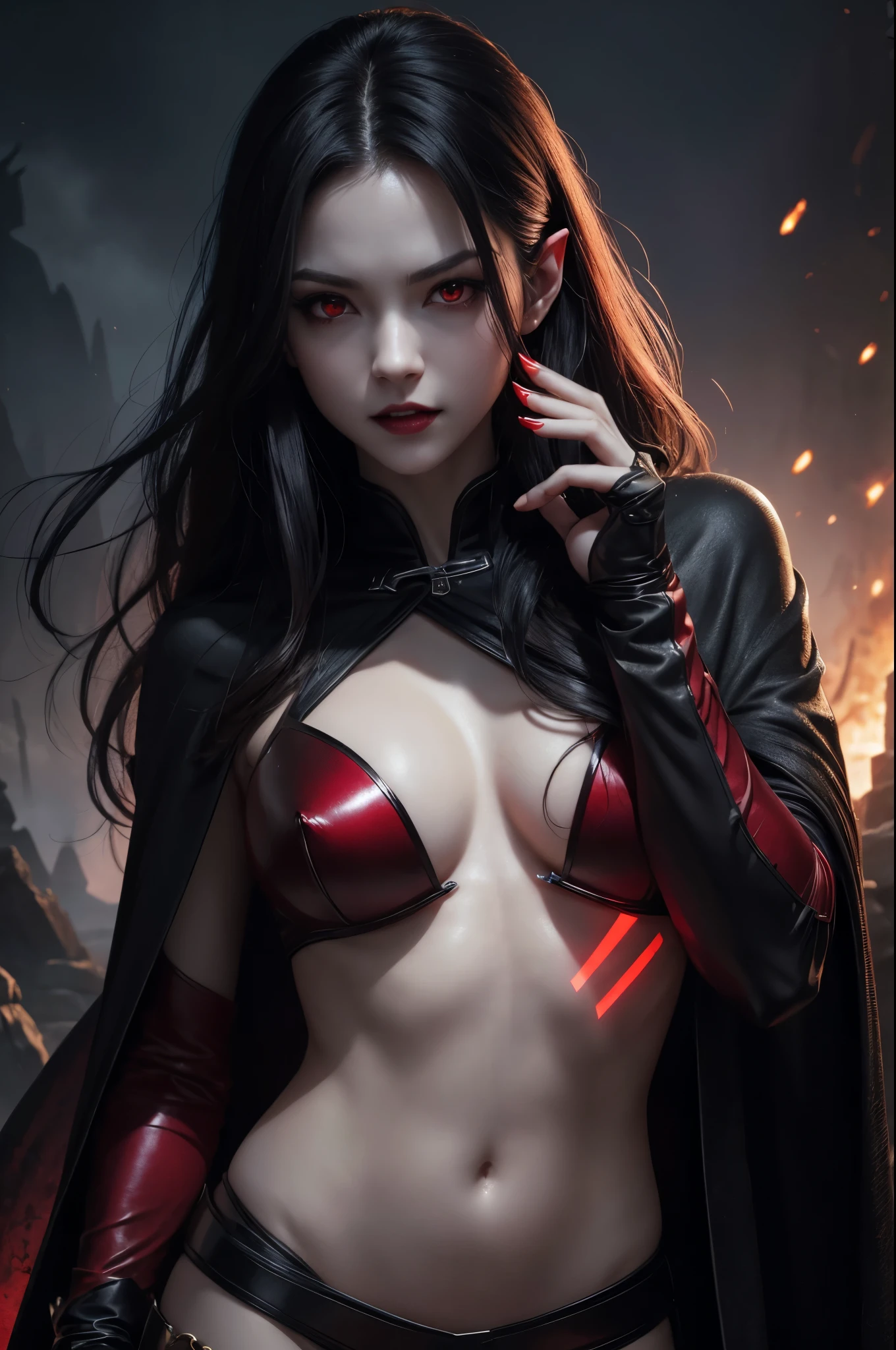 8K,vampire woman in the underworld,vampire demon slayer woman,Super beautiful(like the real thing),sharp red eyes(red glowing effect),pale skin(超realistic skin),vampire big fangs,pointed ears,sexyな衣装,black cloak,lean muscular body,long white wavy hair,masterpiece,Photorealistic RAW photos of the highest quality。bright colors,rich colors, Backlight, cinematic lighting, film grain, to be born, 50MM lens, Nikon D850,realistic skin,fantasy art,character art,ultra high resolution,realistic scale skin,Perfect hand shape,view audience,dynamic action pose,fighting pose,sexy,