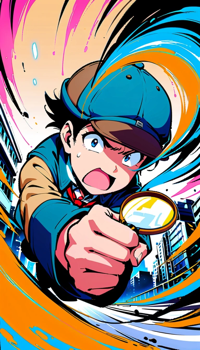 Detective Conan, comic series characters, author：Aoyama Takemasa, anime style, sharp lines, bright colors, detailed background, dynamic motion blur, Expressive faces, Tokyo cityscape, Uniforms, magnifier, deerstalker hat

