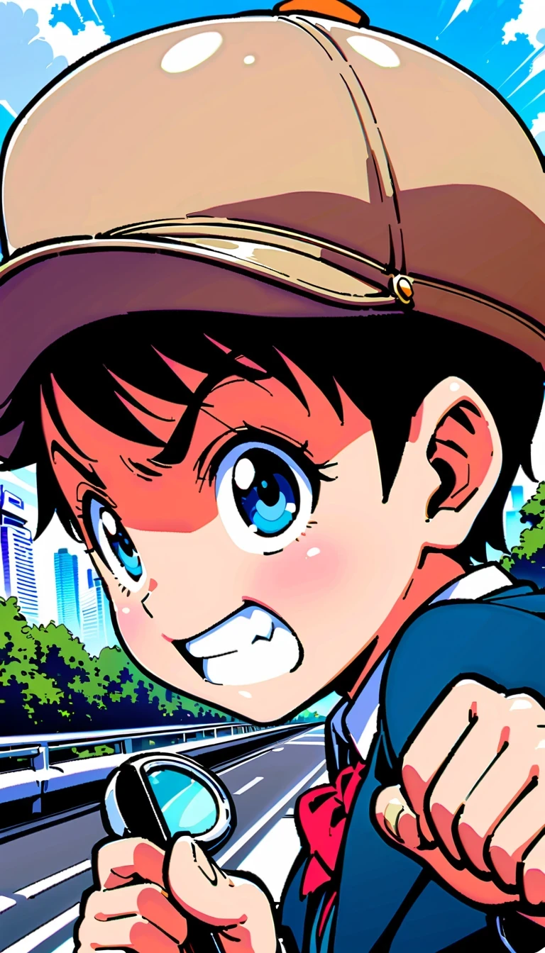 Detective Conan, comic series characters, author:Aoyama Takemasa, anime style, sharp lines, bright colors, detailed background, dynamic motion blur, Expressive faces, Tokyo cityscape, Uniforms, magnifier, deerstalker hat