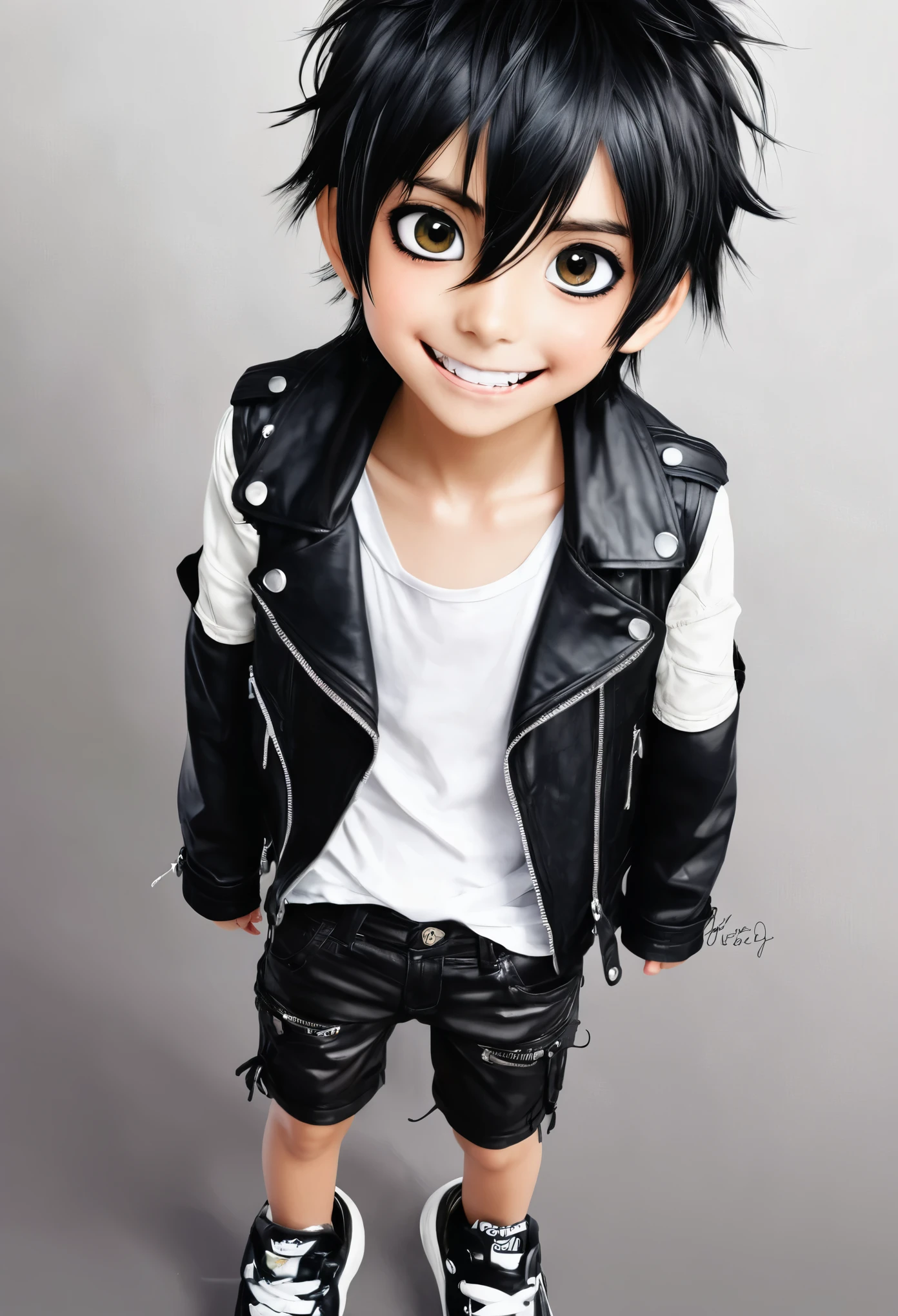 Anime boy, , messy black hair, big eyes that go opposite direction, black leather jacket, white vest, black long shorts, black sneakers, big cute grin
