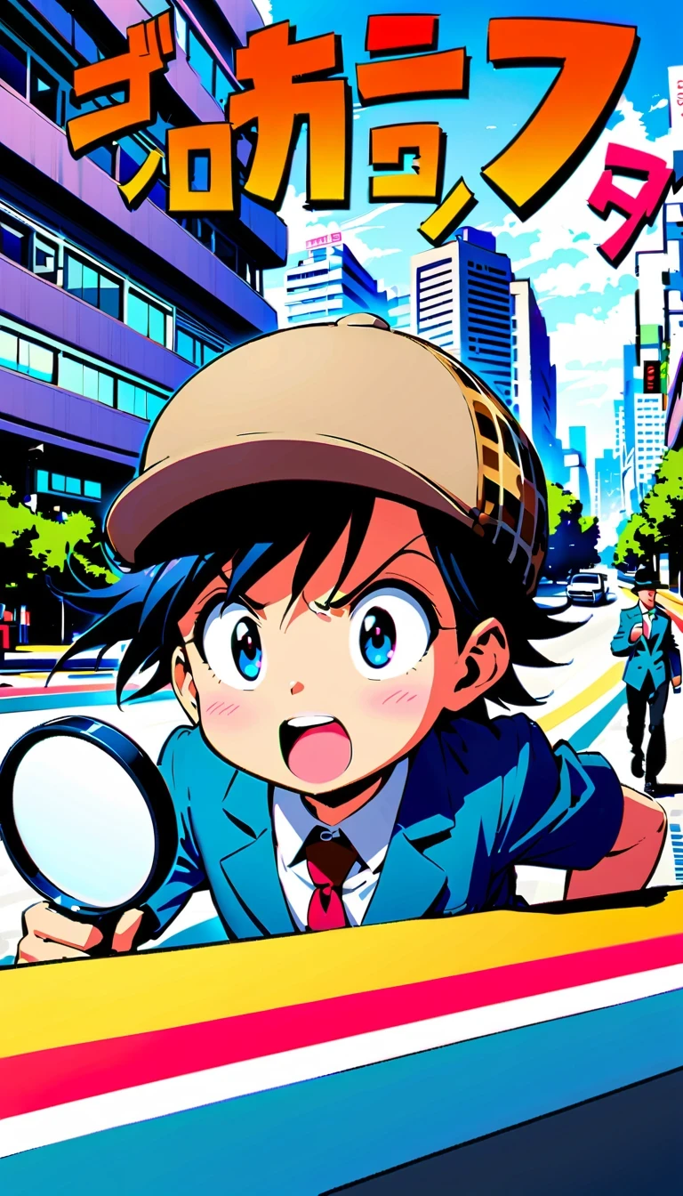 Detective Conan, comic series characters, author：Aoyama Takemasa, anime style, sharp lines, bright colors, detailed background, dynamic motion blur, Expressive faces, Tokyo cityscape, Uniforms, magnifier, deerstalker hat

