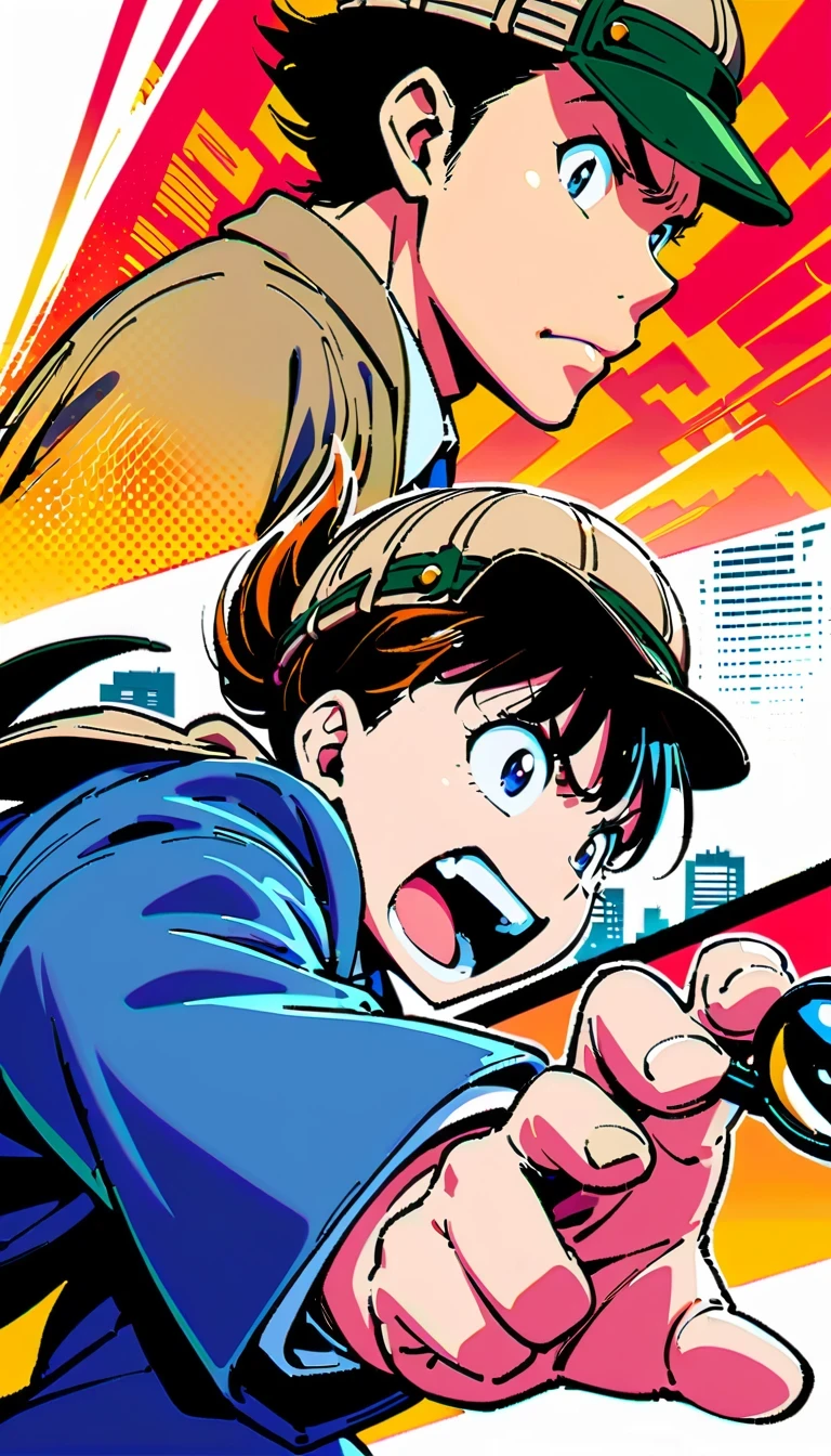 Detective Conan, comic series characters, author:Aoyama Takemasa, anime style, sharp lines, bright colors, detailed background, dynamic motion blur, Expressive faces, Tokyo cityscape, Uniforms, magnifier, deerstalker hat