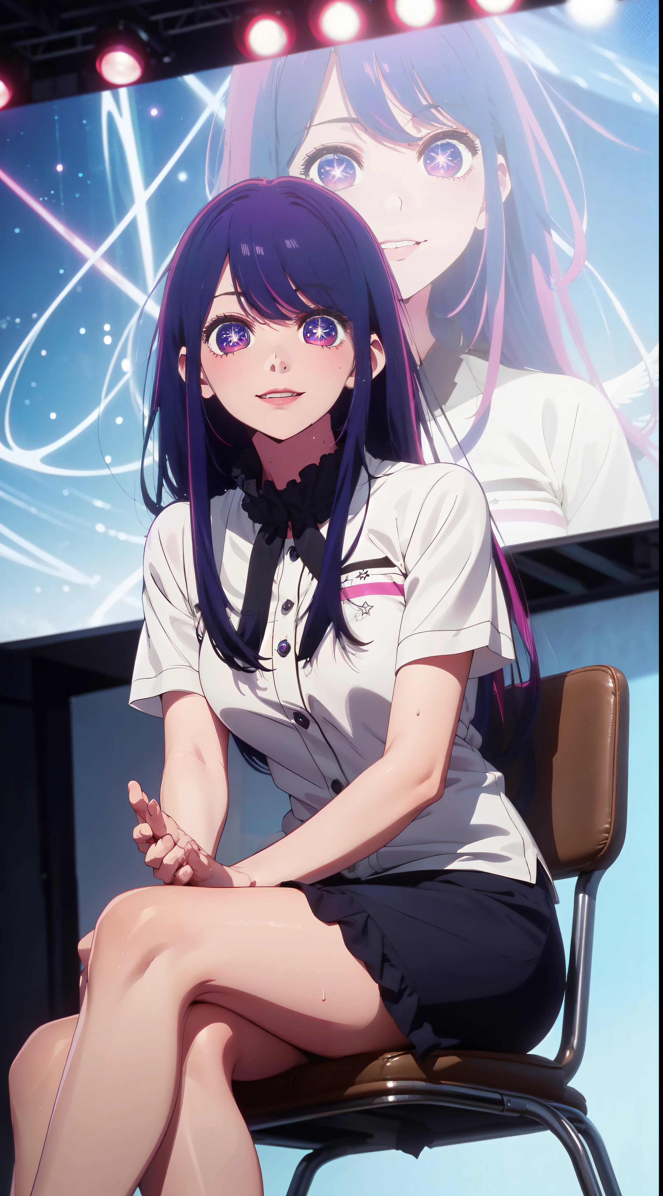 ((masterpiece, Best Quality, high resolution, Perfect Pixel, 8K))), 1 girl、full body seen、 ((gorgeous violet hairs、Long beautiful violet hairs))、((Gorgeous eyes、Beautiful eyelashes、Realistic eyes))、 ((Detailed face, Blushing:1.2))、((Smooth texture:0.75, Realistic texture:0.65, Photorealistic:1.1, Anime CG style))、Dynamic Angle、Perfect body、(Wearing ahot-pink ruffled attire with three blue aqua stars that are on her ruffled collar that surrounds her neck and has a red heart with wings sewn on her yellow turtle-neck underneath、perfectly insanely detailed eyes、Background singing stage)、Perfect realistic representation of face、ultra realistic eyes、ultra insanely detailed eyes、(sitting on a chair、legs crossed、beautifully crossed legs、perfectly crossed legs、gorgeously legs crossed、hands raising upwards、staring beautifuly、seducing look at viewer)、(beautiful portrait、very High quality、legs sweaty、ultra high definition、 insanely detailed face、ultra high quality、ultra high clarity、best quality)、insanely detailed dress、looking somewhere、realistic representation of a face、curvy body、sandals、white skin、Waving her hairs、sweaty uniform、glistening sweaty body、best image quality、best clarity、 highest resolution、8k resolution、ultra high resolution、beautiful smile、beautiful eyelashes、beautiful face、gorgeous representation of a face、curvy body、perfect body、full body posture、erect through、erotic face、glistening sweat、dynamic lightning、perfect body、dynamic lightning、 (innocent_big_eyes:1.0)、Bright_Front_face_Lighting、seen from front、shiny skin、bokeh:1.2、Full body shot、professional photograph