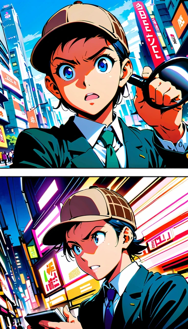Detective Conan, comic series characters, author:Aoyama Takemasa, anime style, sharp lines, bright colors, detailed background, dynamic motion blur, Expressive faces, Tokyo cityscape, Uniforms, magnifier, deerstalker hat