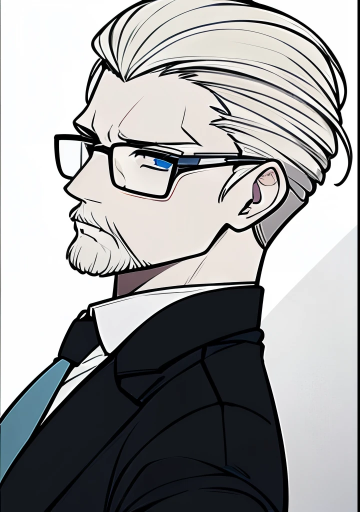 Adult male, white and tender skin, pale blonde slicked back combed short hair, kaisermustache and a ducktail beard, steel blue eyes, green and slightly mature, serious and emotionless facial expression,wearing a black suit jacket, white collar shirt, black tie and suit pants and glasses, portrait style,  facing forwards