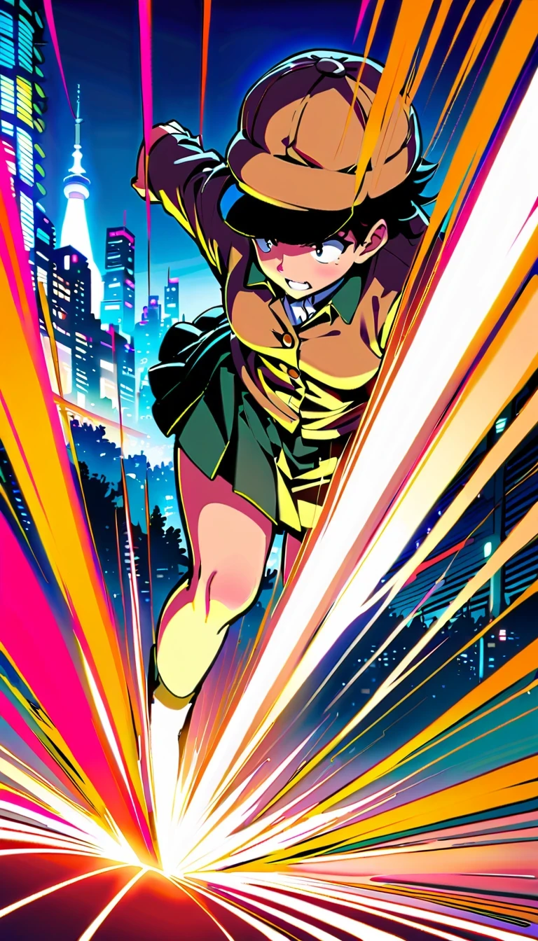 Detective Conan, comic series characters, author：Aoyama Takemasa, anime style, sharp lines, bright colors, detailed background, dynamic motion blur, Expressive faces, Tokyo cityscape, Uniforms, magnifier, deerstalker hat

