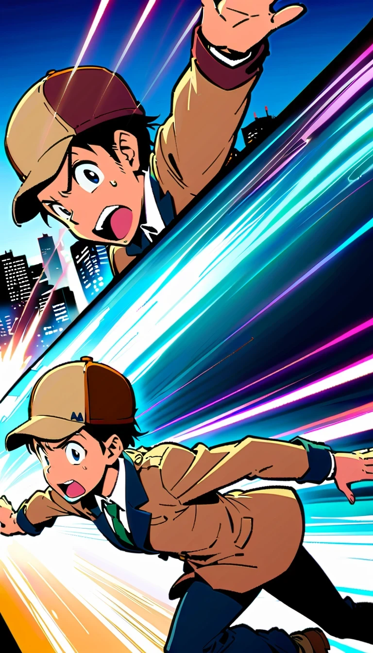 Detective Conan, comic series characters, author:Aoyama Takemasa, anime style, sharp lines, bright colors, detailed background, dynamic motion blur, Expressive faces, Tokyo cityscape, Uniforms, magnifier, deerstalker hat