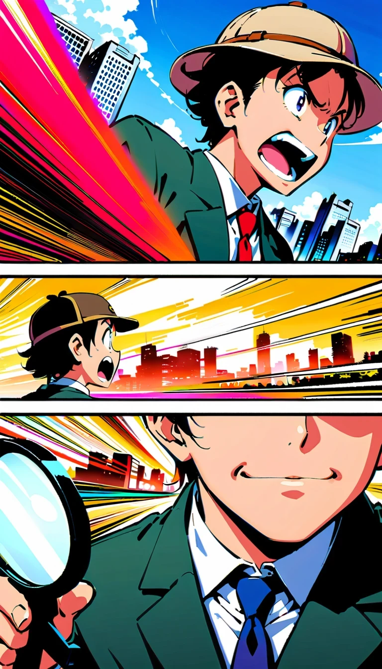 Detective Conan, comic series characters, author：Aoyama Takemasa, anime style, sharp lines, bright colors, detailed background, dynamic motion blur, Expressive faces, Tokyo cityscape, Uniforms, magnifier, deerstalker hat

