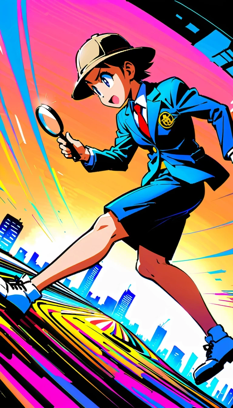 Detective Conan, comic series characters, author：Aoyama Takemasa, anime style, sharp lines, bright colors, detailed background, dynamic motion blur, Expressive faces, Tokyo cityscape, Uniforms, magnifier, deerstalker hat

