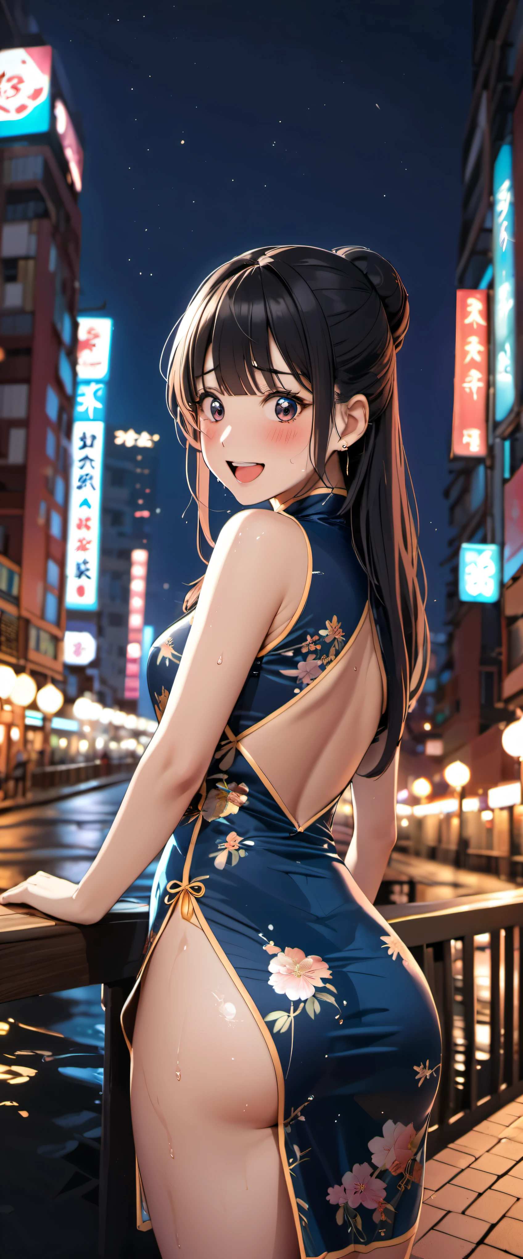 woman,20-year-old,,city,night,(((China dress))),,open mouth smile(),(()),((black hair)),blush、surprised face,((())),((look back))(wet with sweat)Reflecting the buttocks