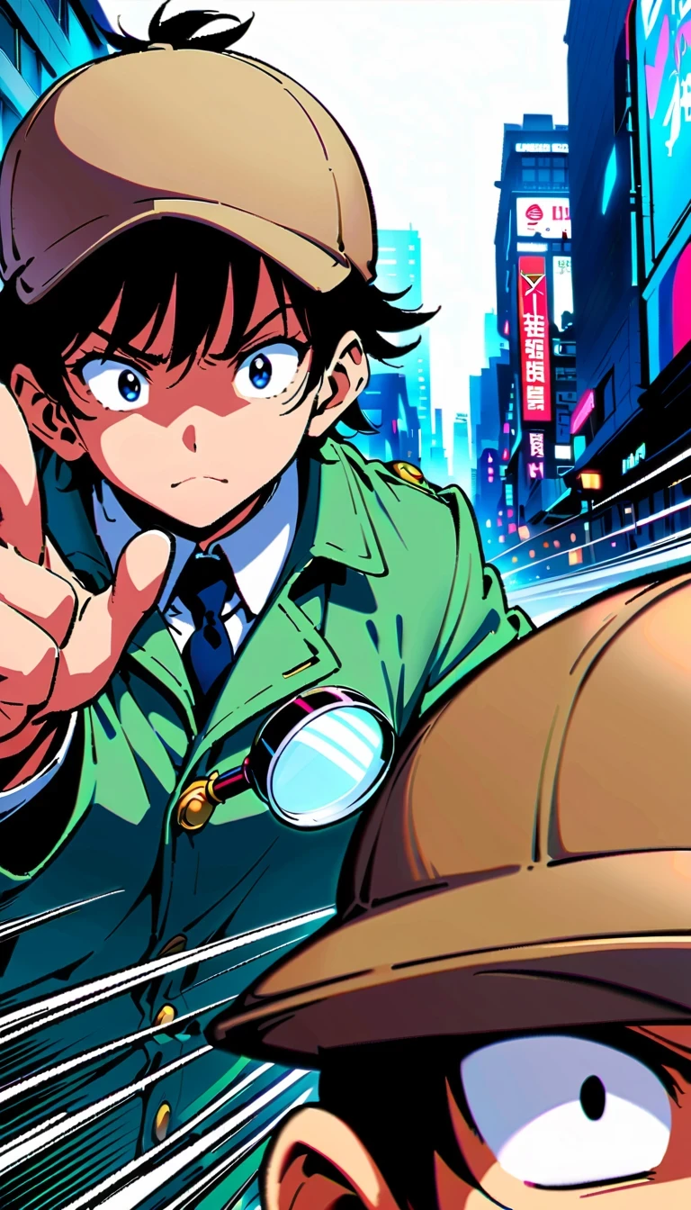 Detective Conan, comic series characters, author:Aoyama Takemasa, anime style, sharp lines, bright colors, detailed background, dynamic motion blur, Expressive faces, Tokyo cityscape, Uniforms, magnifier, deerstalker hat