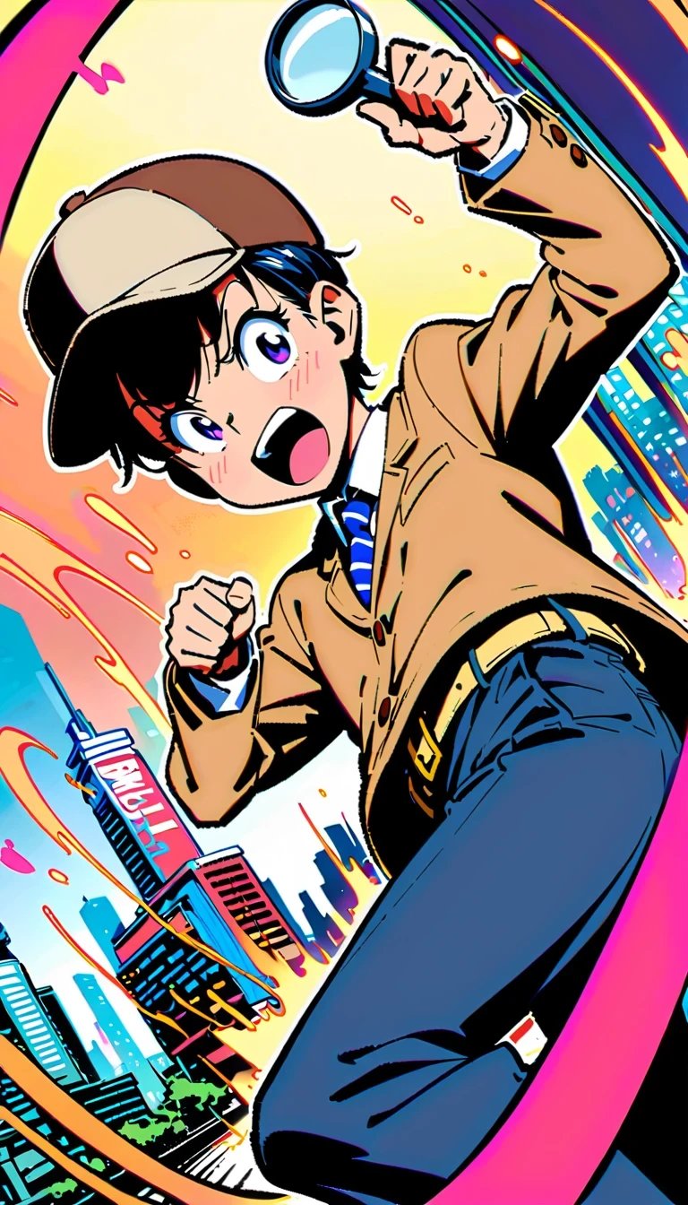 Detective Conan, comic series characters, author:Aoyama Takemasa, anime style, sharp lines, bright colors, detailed background, dynamic motion blur, Expressive faces, Tokyo cityscape, Uniforms, magnifier, deerstalker hat