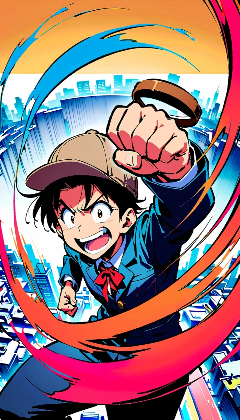 Detective Conan, comic series characters, author：Aoyama Takemasa, anime style, sharp lines, bright colors, detailed background, dynamic motion blur, Expressive faces, Tokyo cityscape, Uniforms, magnifier, deerstalker hat

