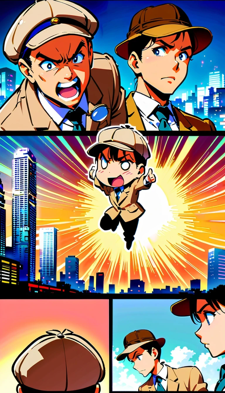 Detective Conan, comic series characters, author:Aoyama Takemasa, anime style, sharp lines, bright colors, detailed background, dynamic motion blur, Expressive faces, Tokyo cityscape, Uniforms, magnifier, deerstalker hat