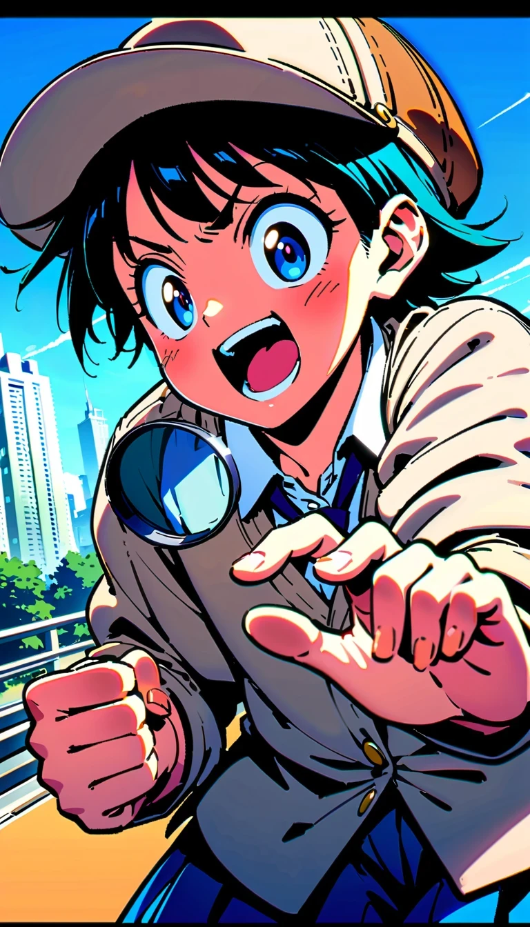 Detective Conan, comic series characters, author:Aoyama Takemasa, anime style, sharp lines, bright colors, detailed background, dynamic motion blur, Expressive faces, Tokyo cityscape, Uniforms, magnifier, deerstalker hat