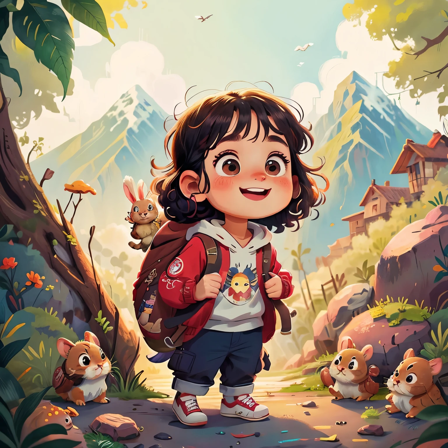 (best quality) (Detailed description) (Do not repeat) (expression) (Detailed face) Fall, Mountain, rock, Lots of small animals，rabbit，squirrel，birdie，morning, happy，boy，Smile，black hair, long eyelashes,curls, red hoodie, brown pants, white shoes, Backpack, curiosity, big eyes, Perfect quality, Clear focus(masterpiece: 1.2) (realist: 1.2) (Bokeh) (better quality) (delicate skin: 1.3) (intricate details) (8K) (Eye details) (sharp focus),