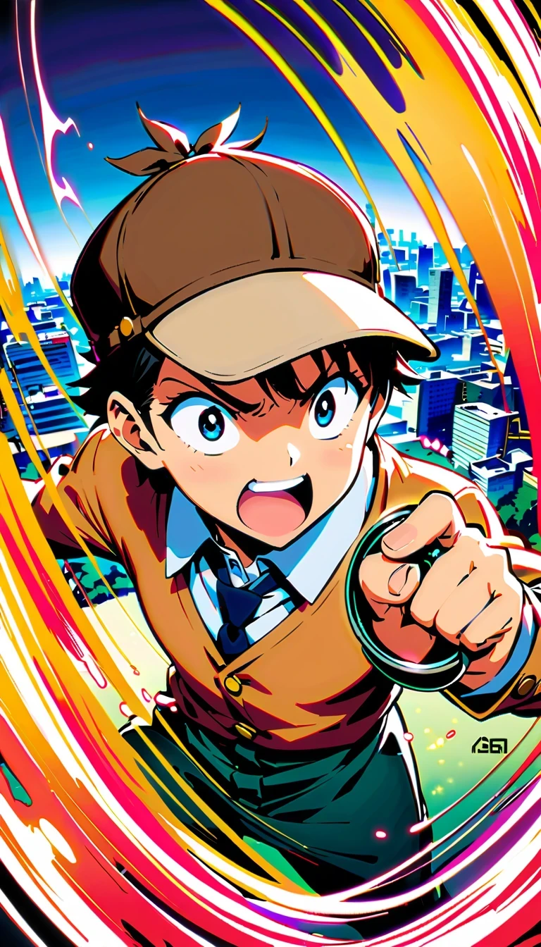 Detective Conan, comic series characters, author：Aoyama Takemasa, anime style, sharp lines, bright colors, detailed background, dynamic motion blur, Expressive faces, Tokyo cityscape, Uniforms, magnifier, deerstalker hat

