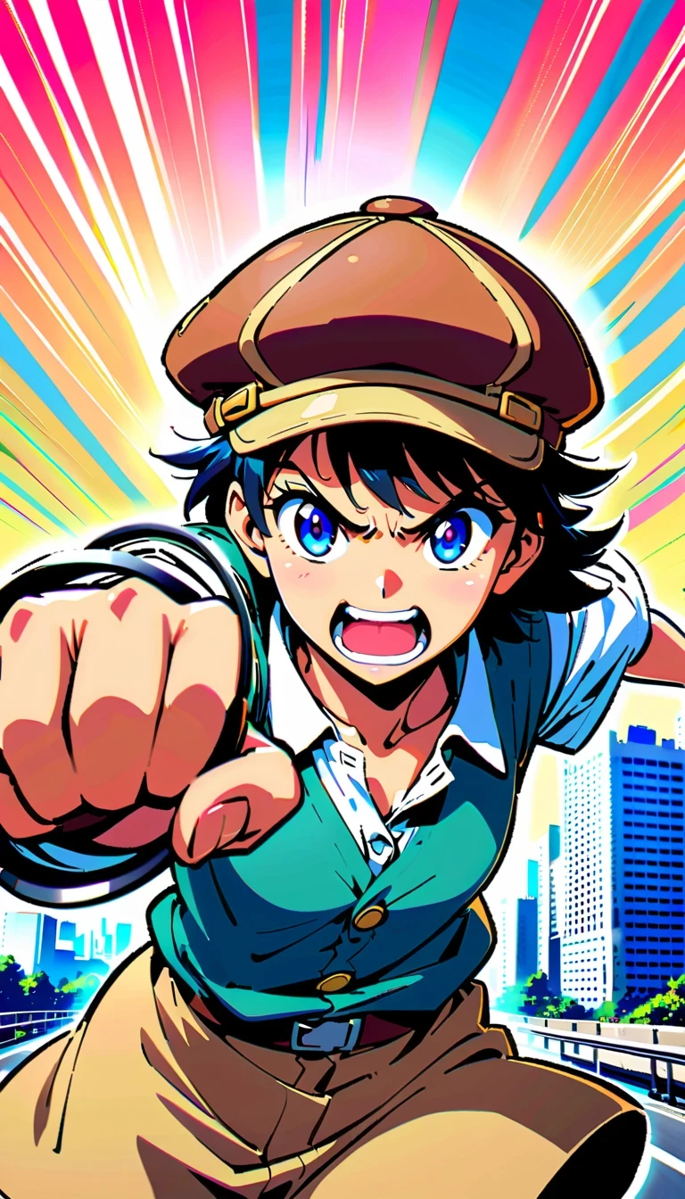 Detective Conan, comic series characters, author:Aoyama Takemasa, anime style, sharp lines, bright colors, detailed background, dynamic motion blur, Expressive faces, Tokyo cityscape, Uniforms, magnifier, deerstalker hat