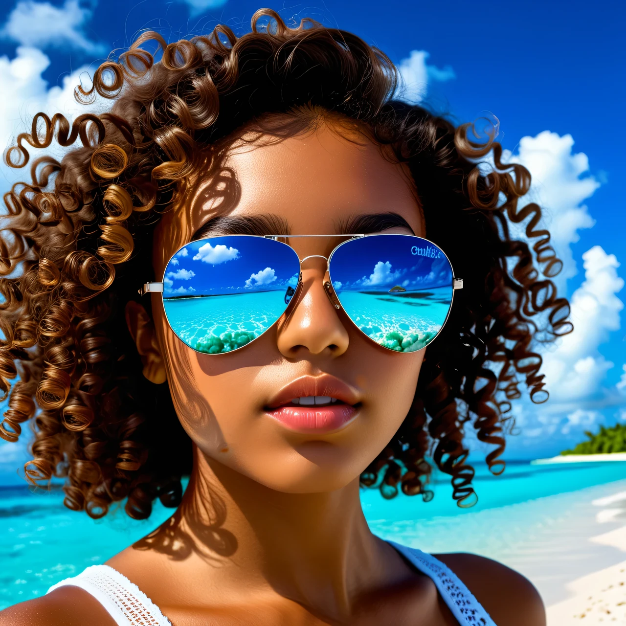 (Best quality, High resolution 32K, masterpiece, masterpiece, Ultra detailed, Ultra detailed, photoefficient, Real, Real) portrait of a dark-skinned young brunette with curly hair in mirrored glasses on a sunny beach in the Maldives, Spectacle reflexes, environment in reflection, Beach & Sand, Azure water, light blue sky and white clouds, bright rich colors of a clear summer day