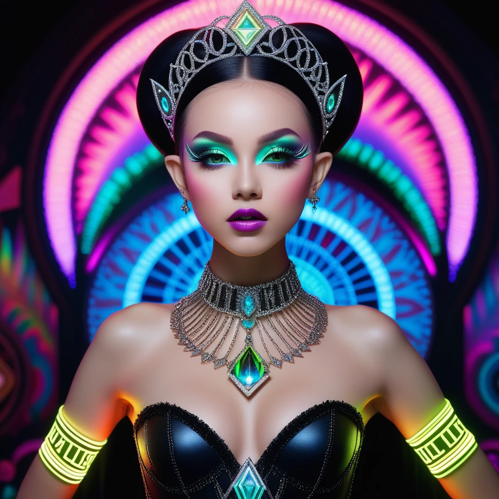 Galadriel, majestic, gazes into a magic bowl, reflection captured, body adorned with silver mirror paint in the artistic vein of John Poppleton, neon luminescent tattoos covering her form, intricate mecha gears aesthetics, Unreal Engine render, broken glass visuals, floating with no discernible background, embodies a mythical entity charged with energy, molecular intricacy, textures resembling iridescent, luminescent neon, with the caliber of 8k artistic photography. High Resolution, High Quality, Masterpiece. best quality, masterpiece, super detail