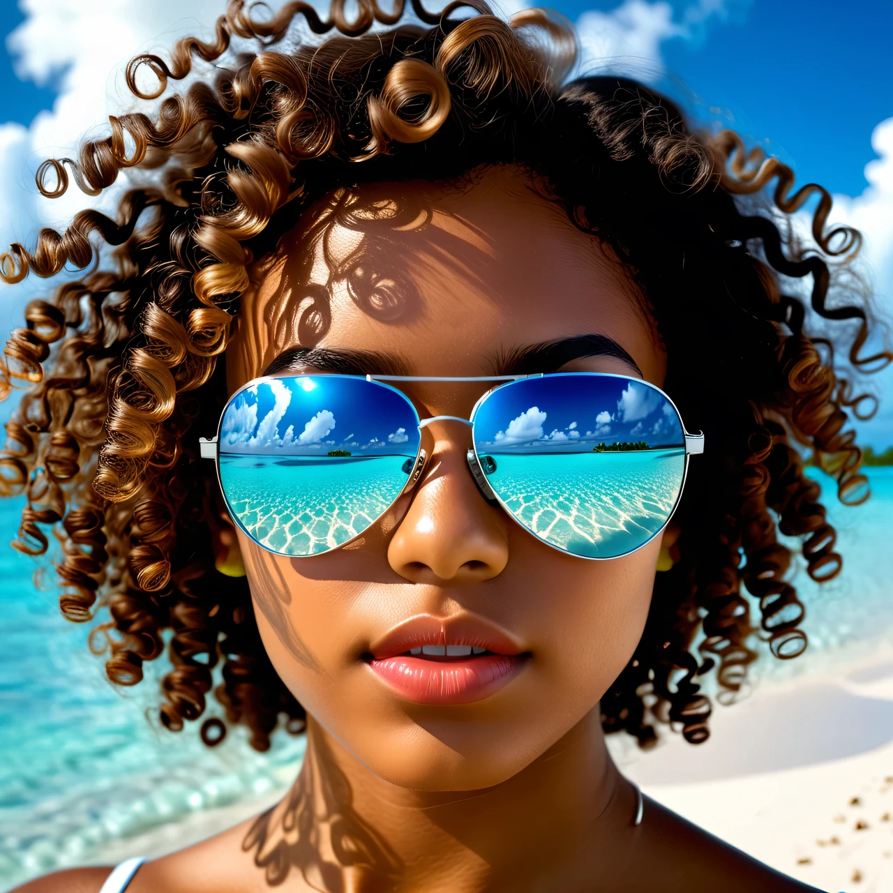 (Best quality, High resolution 32K, masterpiece, masterpiece, Ultra detailed, Ultra detailed, photoefficient, Real, Real) portrait of a dark-skinned young brunette with curly hair in mirrored glasses on a sunny beach in the Maldives, Spectacle reflexes, environment in reflection, Beach & Sand, Azure water, light blue sky and white clouds, bright rich colors of a clear summer day