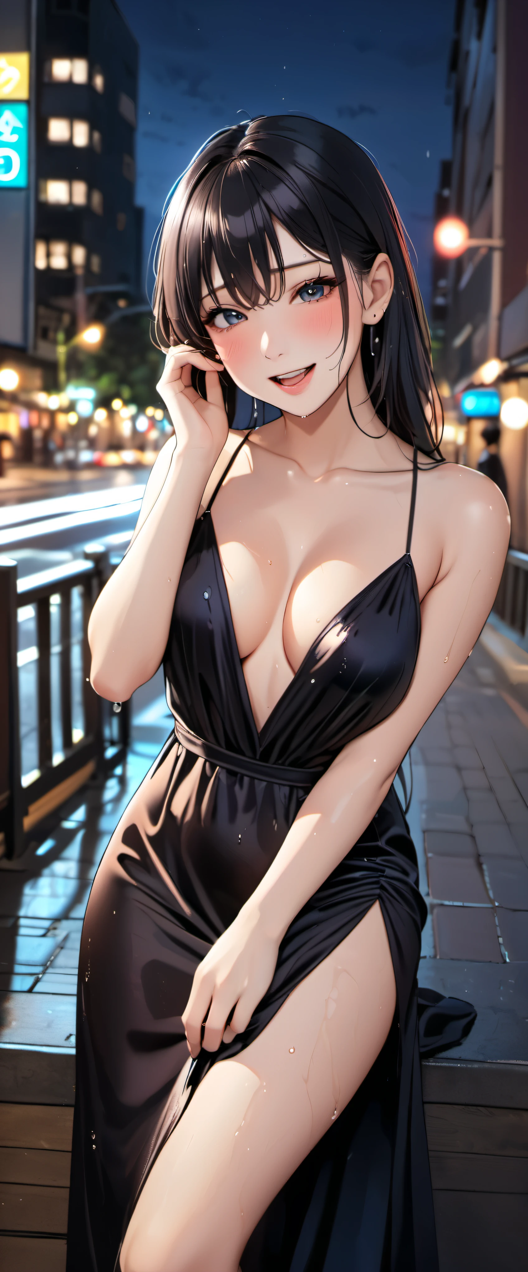 woman,20-year-old,,city,night,(((Sexy silk dresses))),,open mouth smile(())(),(()),((black hair)),blush、,((())),(())(wet with sweat)