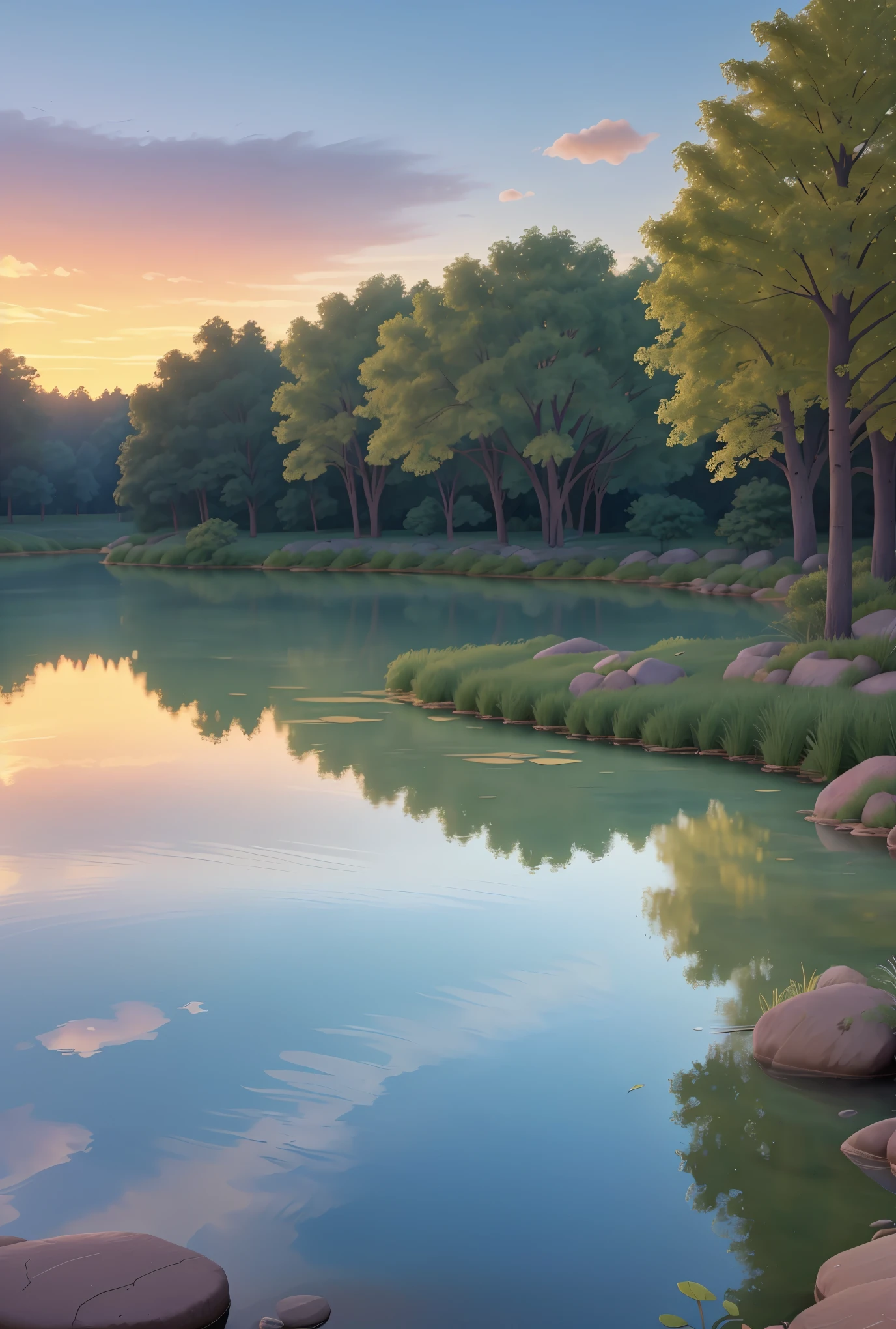 A reflection of a serene sunset on a calm lake,ripples in the water,beautiful clouds in the sky,buildings and trees mirroring in the water,dappled sunlight filtering through the trees,peaceful and tranquil atmosphere,(best quality,4k,8k,highres,masterpiece:1.2),ultra-detailed,(realistic,photorealistic,photo-realistic:1.37),vivid colors,soft color tones,stunning light effects