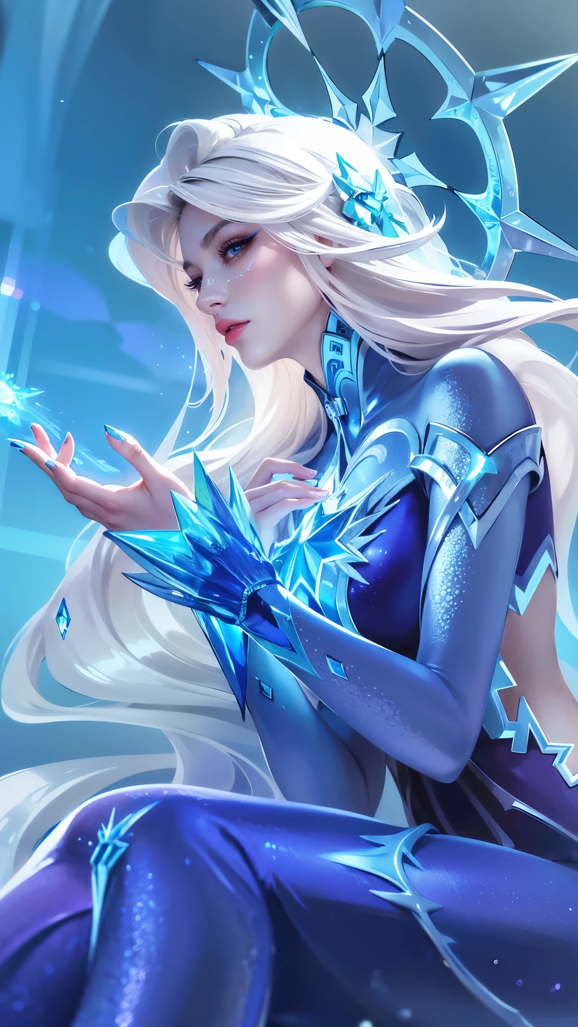 (8k, RAW photo, photorealistic:1.25) ,( lipgloss, eyelashes, gloss-face, glossy skin, best quality, ultra highres, depth of field, chromatic aberration, caustics, Broad lighting, natural shading, looking at viewer with a serene and goddess-like happiness, there is a woman in a blue dress sitting on a rock, ice sorceress, queen of ice and storm, ice mage, crystalline skin, ice queen, crystal maiden, beautiful ancient frost witch, ice spell, goddess of winter, extremely detailed artgerm, artgerm detailed, ig model | artgerm, artgerm. high detail, blue eyes
