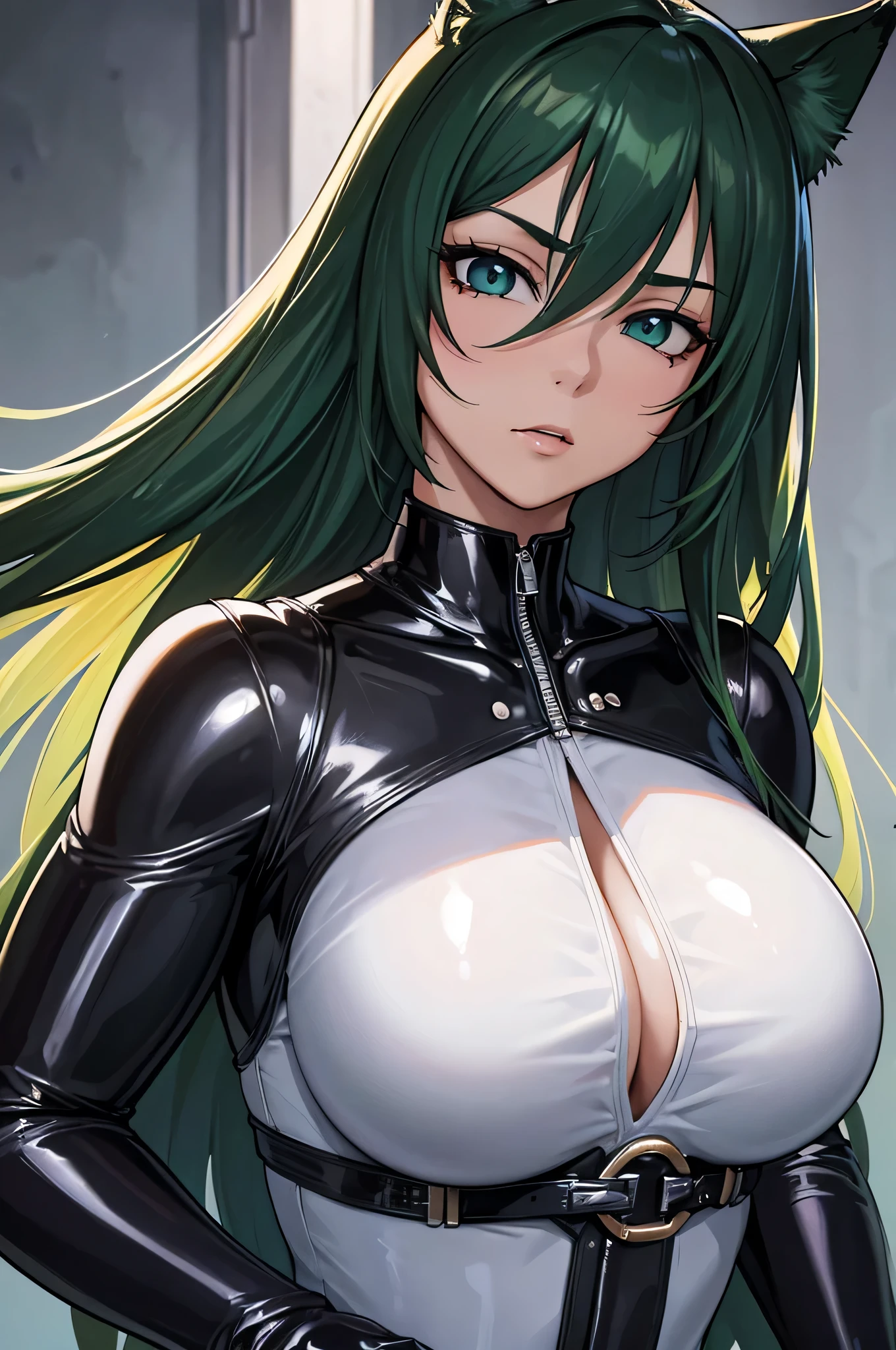 beautiful, (masterpiece), 最high quality, (extremely get used to it face), extremely get used to it eyes, perfect lighting, overall details, get used to it, deep skin, slicked back hair, long hair, green hair, type of eyes, slicked back hair, elbow bag, alone, looking at the viewer, one hand, verbal invitation, lifting shirt, saliva, saliva trail, latex suit, spy lady, wearing tight latex suits, high quality, Super high quality, Highly detailed CG Unity 8K wallpaper, High resolution, close your face, bondage suit, shiny bondage, cool girl, dog girl, cat girl