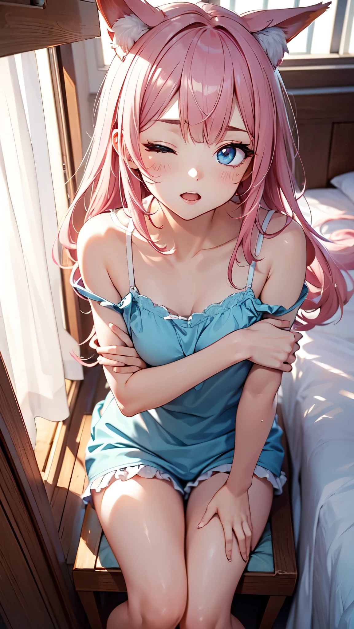 (clean bedroom),face,fox ears,pink hair,wave long,unkempt,Looks sleepy,(one eye closed),(Watery eye),Yawn,Looks sleepy,２６age,【mysterious beautiful girl】,pink ruffled camisole,With bangs,blue eyes,sparkling eyes,bed,classic,((highest quality)),8K,aerial perspective,Airy,（transparency）,（pure）,yellow eyes,perfect