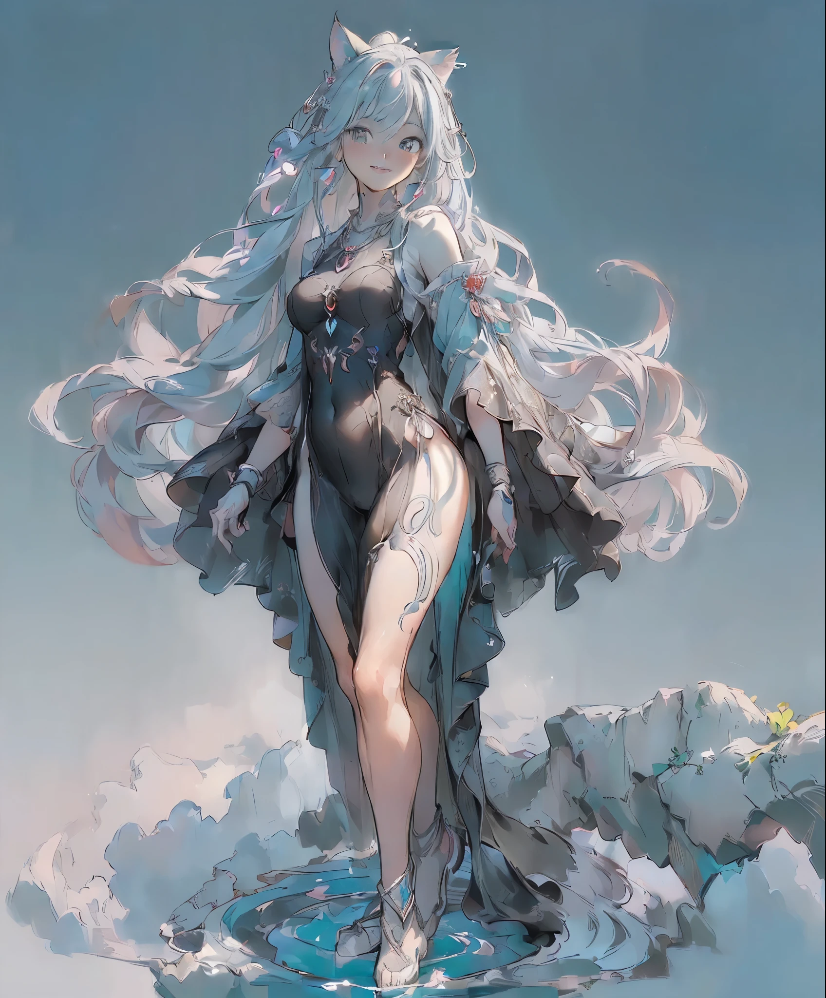 Zephyra, a 62 meter wind goddess, emerges from a tornado at dusk, her pale blue skin glowing with the rays of the sunset. Her long white hair falls in soft waves that seem to float around her.. Naked and radiant, standing in an open field, her posture is graceful and tempting, with one leg slightly forward and one hand raising a gust of wind, while the other caresses her abdomen. His eyes, full of calm and desire, They look at the tiny humans at their feet, fascinated by their aerial presence. Her full lips curve into an ethereal smile and her delicately sculpted body radiates an aura of heavenly eroticism., enveloping everyone present in a spell of submission and serene adoration.
