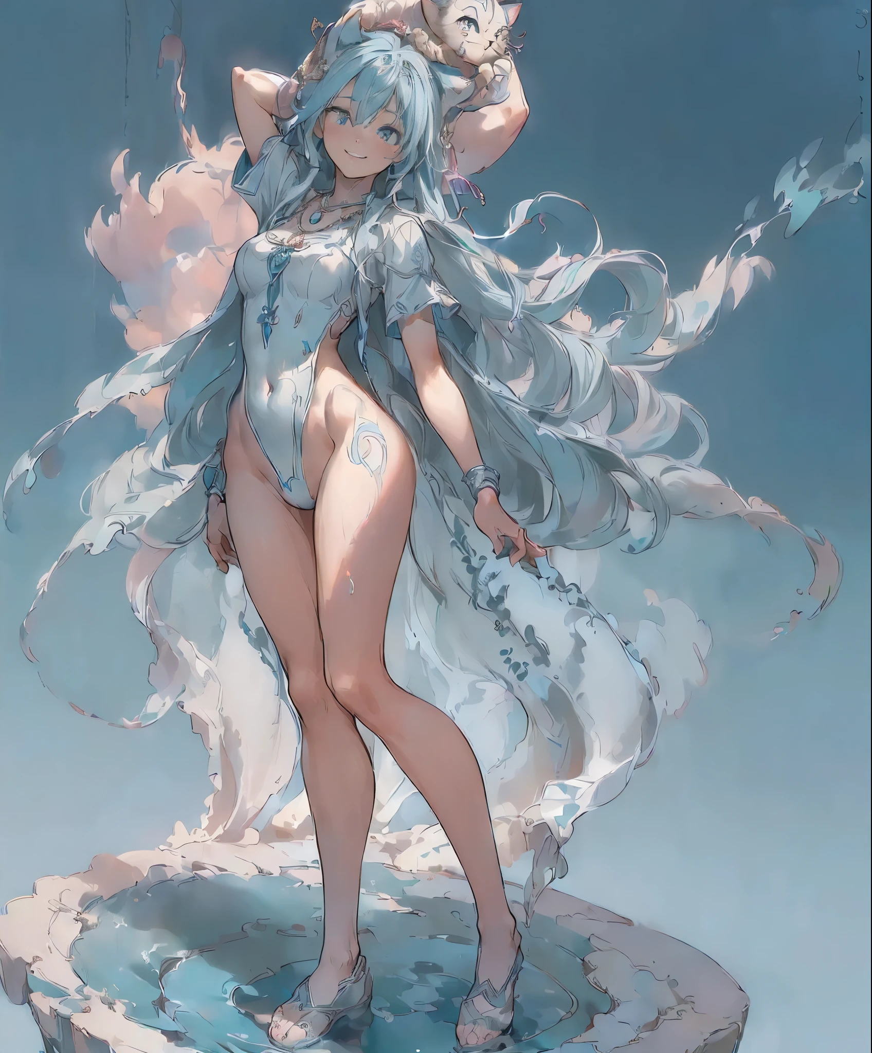 (masterpiece、highest quality、highest quality、official art、beautiful beautiful:1.2)、(1 girl:1.3)Hatsune Miku、twin tails,big breasts,((Cat ears on the head:1.5)), (number々の賞を受賞したmasterpiece, incredibly detailed, It has texture、maximum detail), (Full body standing image:1.9), (surreal:1.4), (Amazing anatomically perfect and beautiful style:1.9), highest qualityの本物の質感の肌, (Accurate, complete circle, symmetrical eyes), detailed face, ((medieval world)), ((Sylphid, sky wind spirit)), (Elegant dresses that dance in the wind are exquisitely finished down to the last detail..(A smile of liberated joy appears on her lips:1.8), (Clear eyes full of joy:1.5), (Full body standing image:1.9), (Let's use the magic of graceful wind:1.7), (A pure and elegant image:1.6), (swirling windと雲海を背景に:1.5), (dramatic light), (grow (her expression is soft and beautiful.), (great scene), (dramatic light), (wonderful light), (her face is soft and beautiful)(her expression is soft and beautiful.), (her expression is soft and beautiful.), (her expression is soft and beautiful.), (her expression is soft and beautiful.)(dramatic photos:1.4), (dramatic pose), ((elegant flying pose)), (blue hair), (platinum blonde hair), (silver hair), (chestnut hair), short cut hair, ((look up)), (((look down))), (around her neck, simple, Finely crafted ancient necklace. :1.3))), (An aura that envelops a shining body:1.6))), (swirling wind:1.4))), old ruins with vegetation, great temple, Cathedral, temple ruins, temple away from temple, (Shining magic circle)), ancient castle ruins, desolate ruins, crumbling ruins, Ancient ruins with clear water flowing through it, holy light, (Shining magic circle))great realistic (HDR:1.5), (calm colors:1.2), very detailed, cinematic, warm light, dramatic light, (intricate details:1.1), complex background, very detailed, surreal, intricate details, painting (artwork), ((masterpiece,highest quality)), ((cinematic Light))dark fantasy, faded, ((neutral color)), art, (art Station:1.5), light effect, (intricate details:1.1), complex background, (greg latkowski:0.8), (teal and orange:0.4))