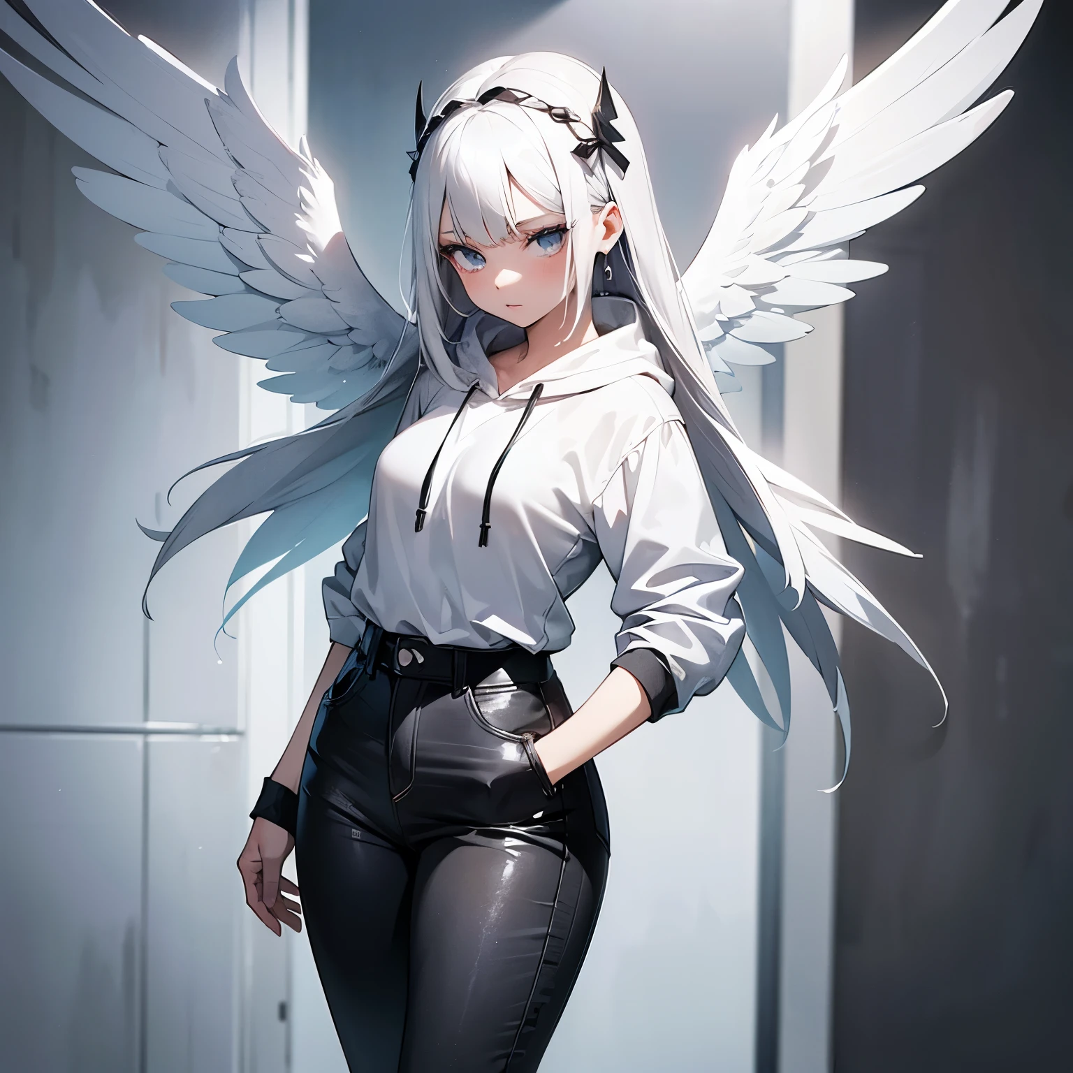 Angel girl with six wings, White hair, arrogant face,Strict facial features, Beautiful face, Beautiful skin, beautiful expressive gray eyes, wings on her head, modern clothes, hoodie jeans, black and white colors, masterpiece, high quality, sharp focus , concept art, character sheet, A high resolution , full length, dynamic pose