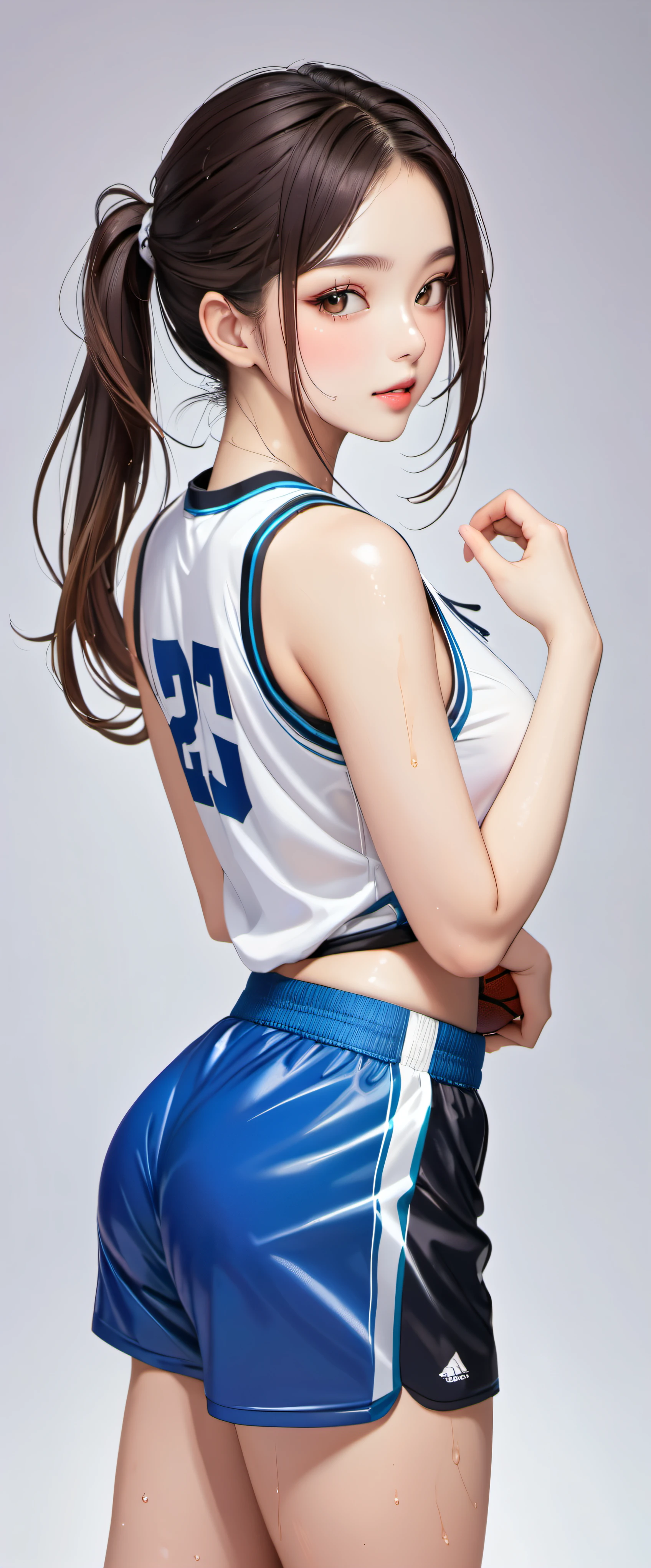(masterpiece,highest quality,超A high resolution),japanese woman, (((Very beautiful 25 year old girl))), pretty girl、look at the photographer､  ((beautiful low ponytail)), super cute face, glossy lips, double eyelids in both eyes,natural smile、 natural makeup, long eyelashes, shiny smooth hair､center image,  perfect limbs, perfect anatomy,(((Basketball Sleeveless Uniform)))、,(wet with sweat),,look back