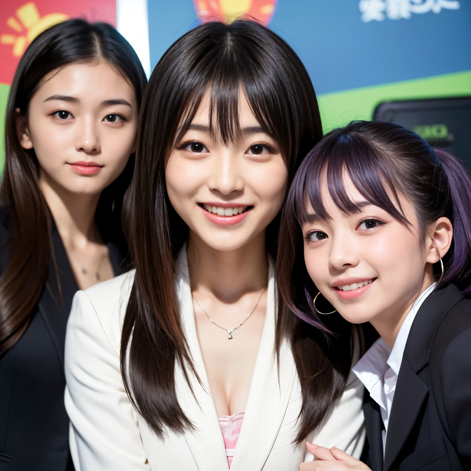 Best-quality, Masterpiece, Ultra-High-Resolution, (Photorealistic:1.4), Raw-Photo, Extremely-Details, Perfect-Anatomies, 3-girls, all 18-years-old and Japanese high-school students, the most popular Japanese idol, the most popular Japanese actress, the most popular Japanese model, (all having a lot of fun at business-meeting), all different faces, all extremely cute face like the most popular Japanese idolsxenon, all extremely beautiful big-eyes, all extremely beautiful and each different colored hair, all extremely beautiful skins, (((all wearing business-suit))), all innocent-smile