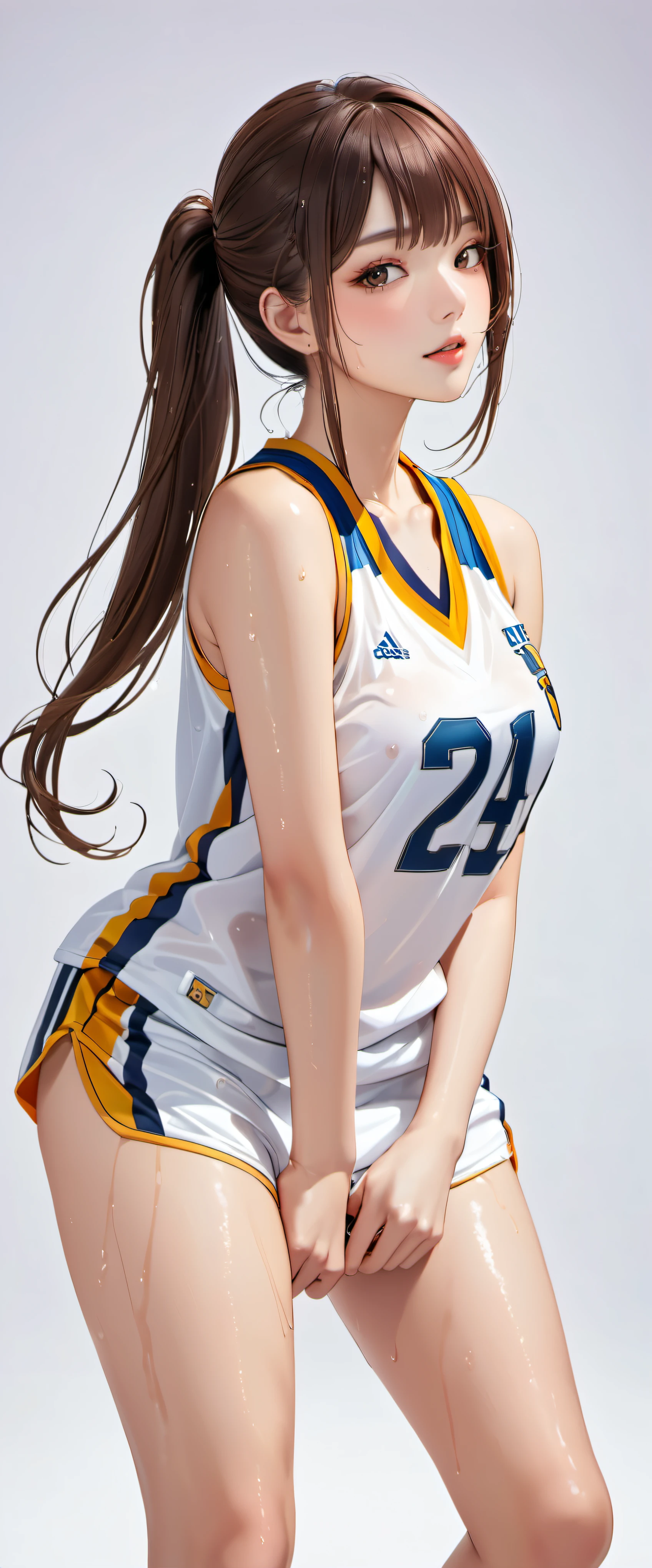 (masterpiece,highest quality,超A high resolution),japanese woman, (((Very beautiful 25 year old girl))), pretty girl、look at the photographer、 ((beautiful low ponytail)), super cute face, glossy lips, double eyelids in both eyes,natural smile、 natural makeup, long eyelashes, shiny smooth hair、center image, perfect limbs, perfect anatomy,(((Basketball Sleeveless Uniform)))、,(wet with sweat),,look back