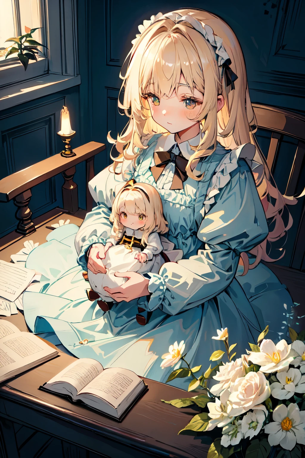 (Hands in perfect detail,Perfect Detail Fingers:1.3),1 mom, soft lighting, HDR (high dynamic range), Maximum clarity and sharpness, multilayer texture, alice in wonderland,Alice becoming a mother