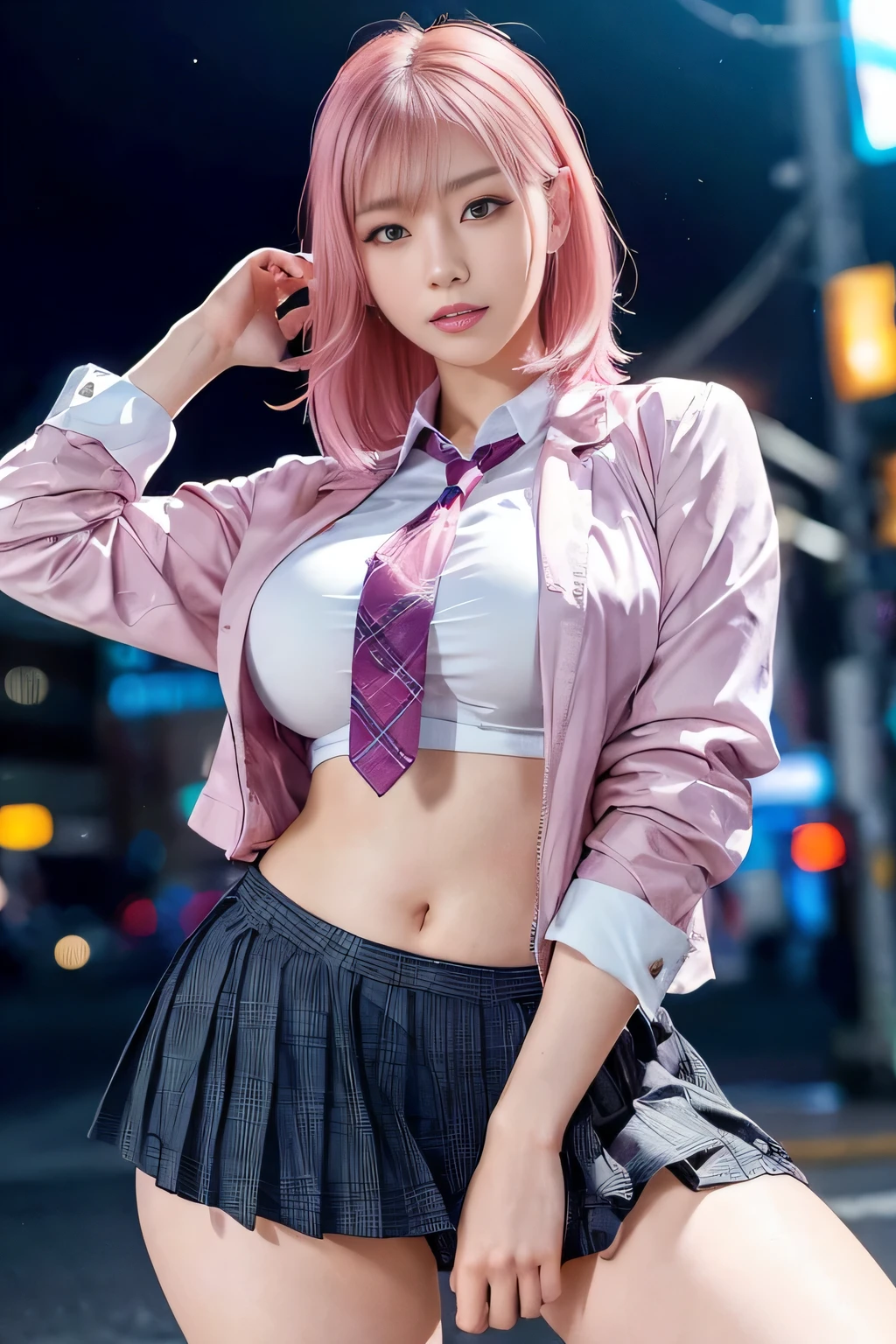 A woman with pink hair and a tie poses for a photo., anime girl in real life, anime girl cosplay, a surrealism , seductive Pretty Woman, surrealism , attractive real woman, cute girl with short pink hair, Animation style mixed with Fujifilm, beautiful real high school girl, Pretty Woman, cyberpunk girl, anime cosplay, cosplay,  masterpiece, Super Deformed, whole body: 1.2, ultra high resolution, RAW photos, masterpiece, very detailed, 8 thousand, Fully detailed hair, mackerel, best quality, ultra high resolution, very detailed face and eyes, (realistic:1.4), looking at viewer, smiling, cute,  (ray tracing:1.4), (long legs:1.4), best quality , masterpiece, big ass, full face detail, beautiful, ((The hair is very detailed. )) , (((18 years old))), thin lips, big eyes, mackerel, tempting, blue eyes , slim waist, 8 thousand, 16,000, mackerel,
carol park uhd, Works inspired by Hajime Sorayama,