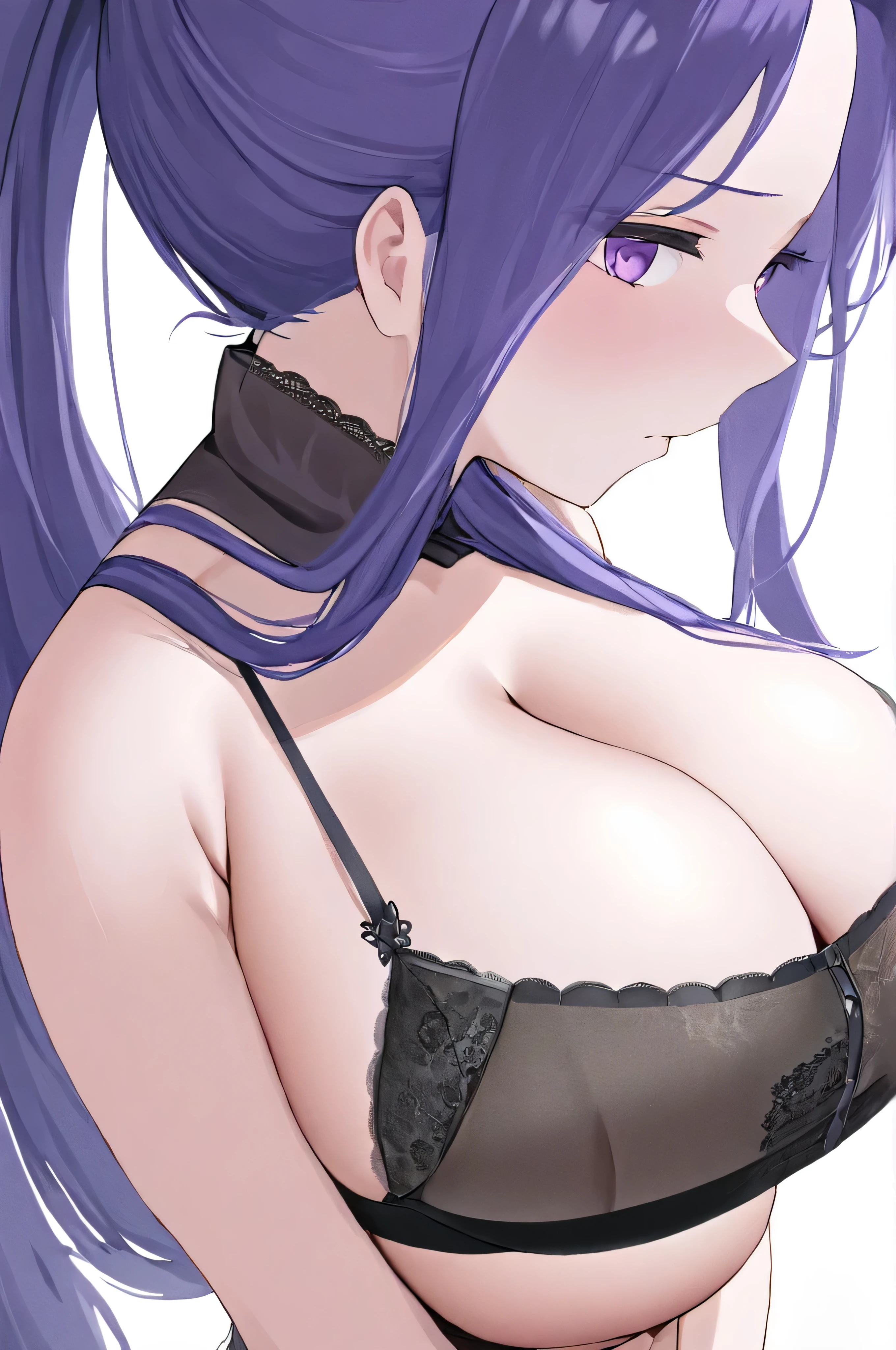 kelolinde,1girl,jewelry,breasts,skirt,solo,shirt,Girl, purple hair, ponytail long hair, purple eyes, cute girl, white background, black bra, big breast, detail face, detail hair