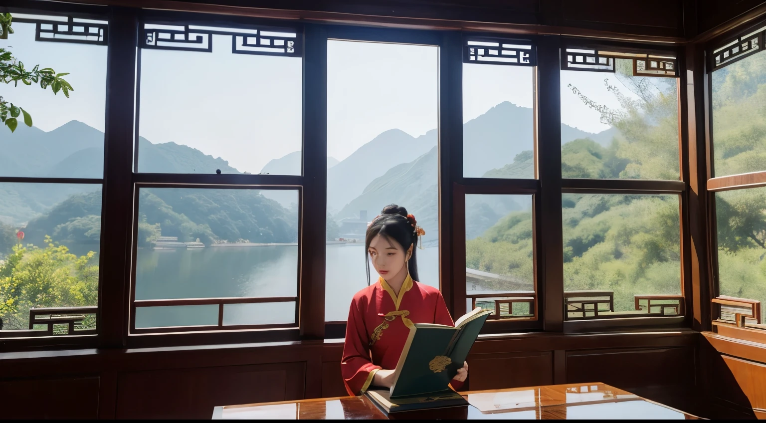 Chinese beauty，read a book，Large windows at the back，study，Tang Yin style，palace