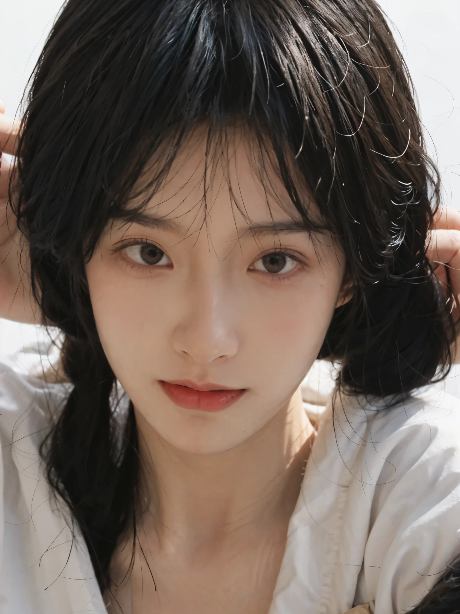 best quality， ultra high resolution， White background，（realistically：1.4）， girl， A pair of eyes as clear as snow,Royal sister，black long straight， looking at the audience， Close-up cleavage ，