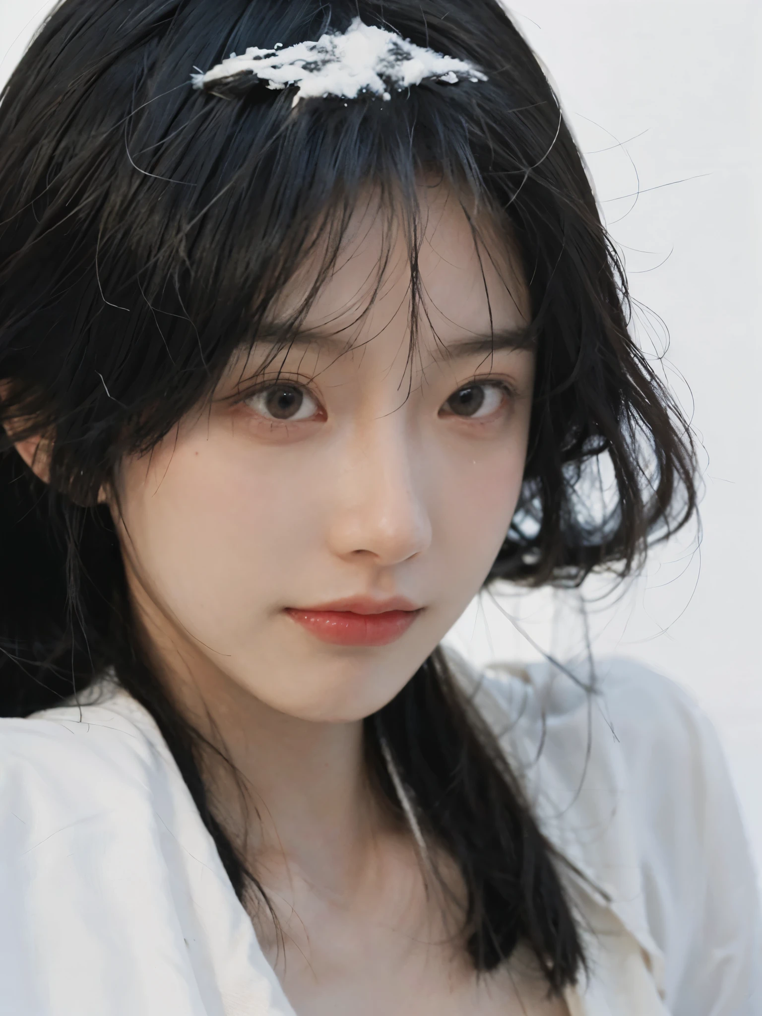 best quality, ultra high resolution, White background,(realistically:1.4), girl, A pair of eyes as clear as snow,Royal sister,black long straight, looking at the audience, Close-up cleavage ,