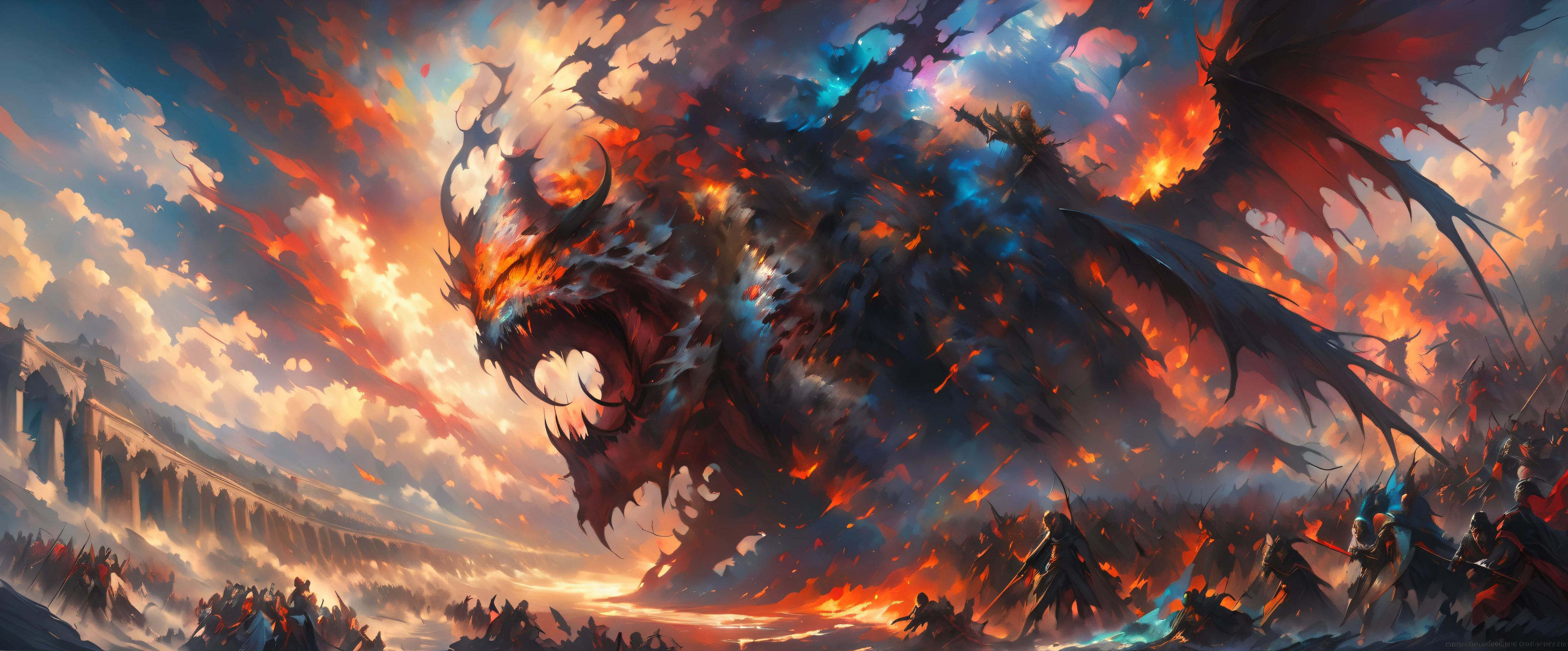 Create a surreal image of demons invading heaven and winning the war between angels and demons..rich and colorful , Wide , concrete, dark , severe